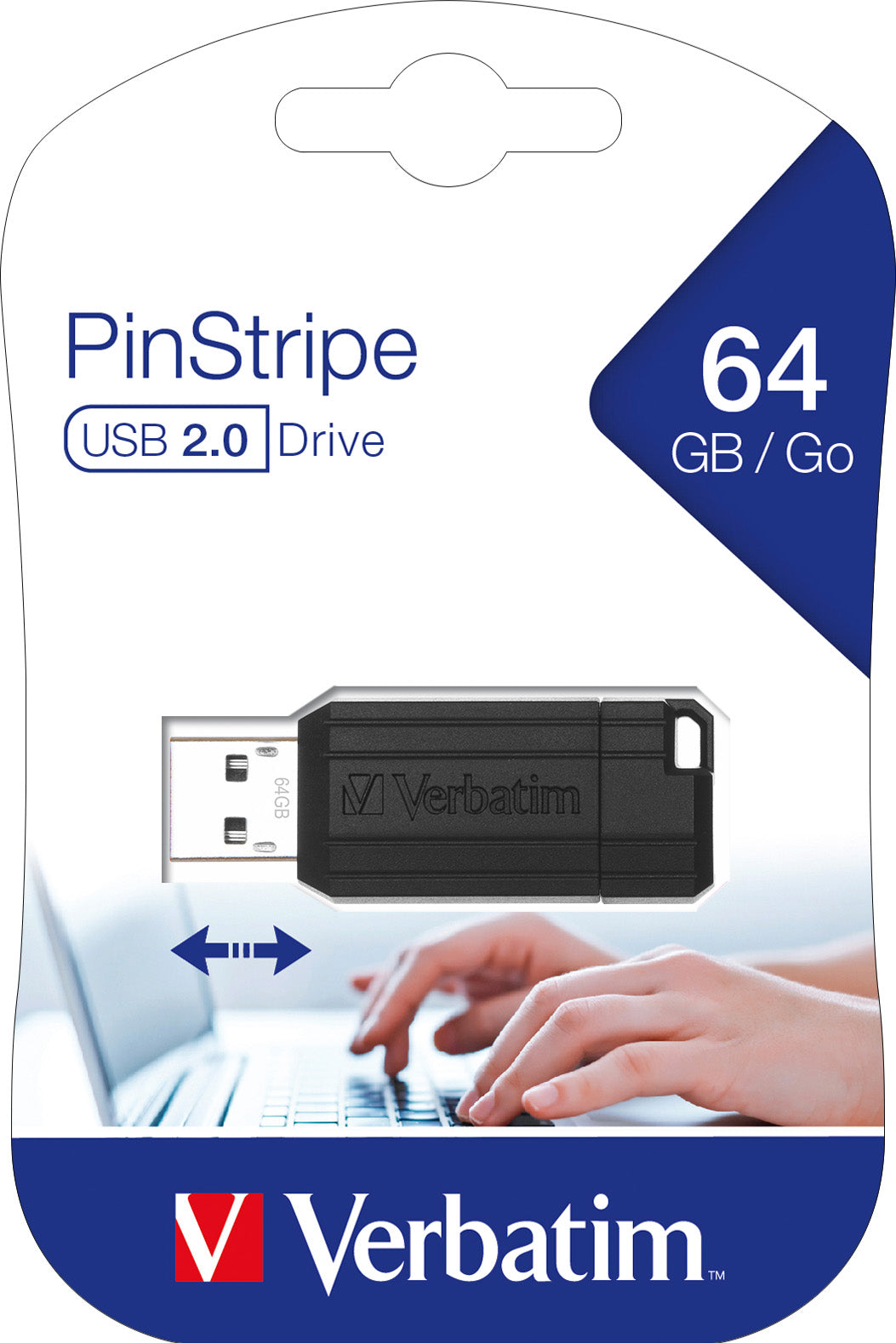 VERBATIM USB 2.0 Stick 64GB, PinStripe, schwarz