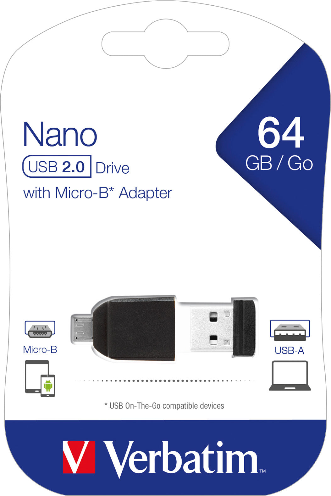 VERBATIM USB 2.0 Stick 16GB, Micro-B Adapter, Nano