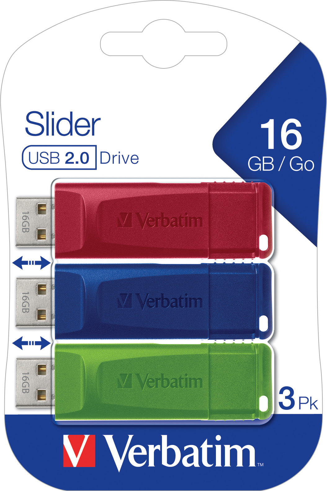 VERBATIM USB 2.0 Stick 16GB, Slider, rot-blau-grün, Multipack