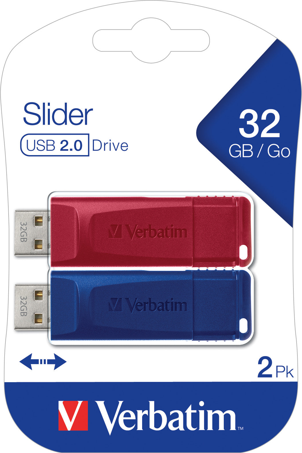 VERBATIM USB 2.0 Stick 32GB, Slider, rot-blau, Multipack