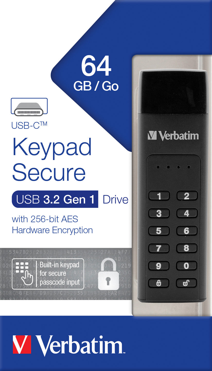 VERBATIM USB 3.2 Stick 64GB, Secure, Keypad, AES-256-Bit