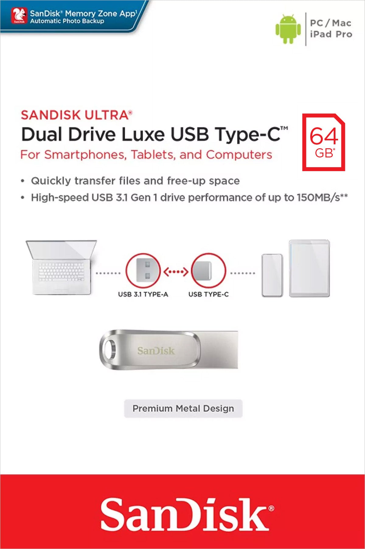 SANDISK USB 3.1 Stick 64GB, Ultra Dual Drive Luxe