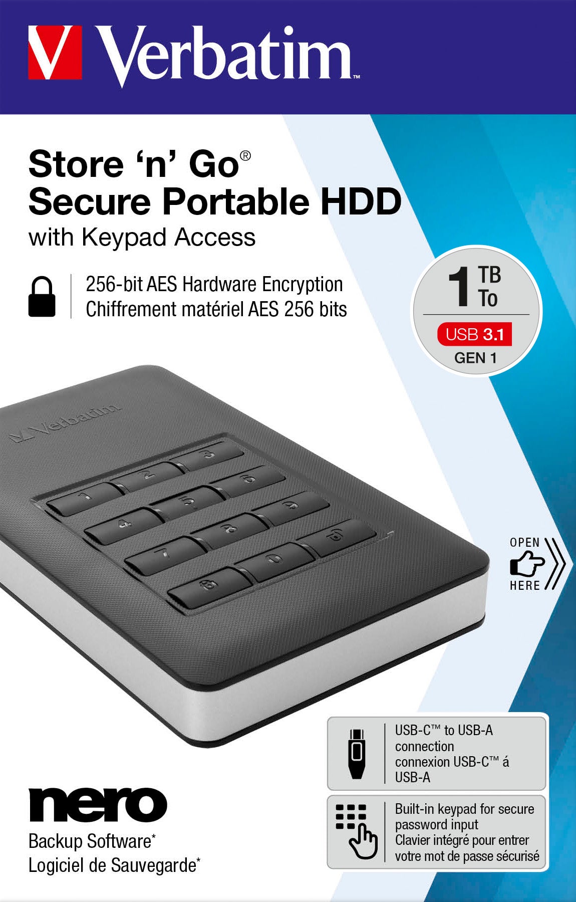 VERBATIM Festplatte 1TB USB 3.1, A-C, 6.35cm (2.5''), schwarz
