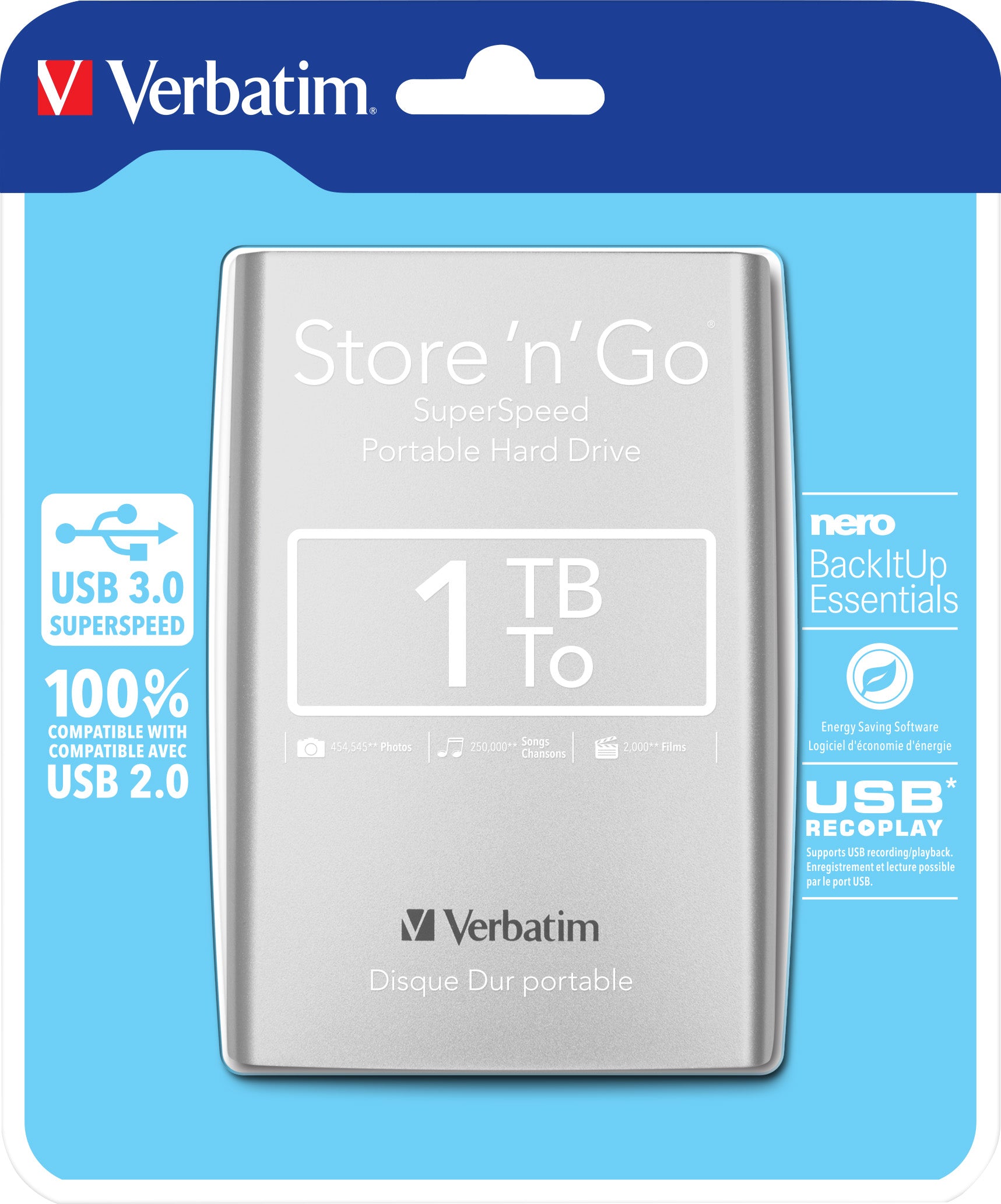 VERBATIM Festplatte 1TB, USB 3.0, 6.35cm (2.5''), silber