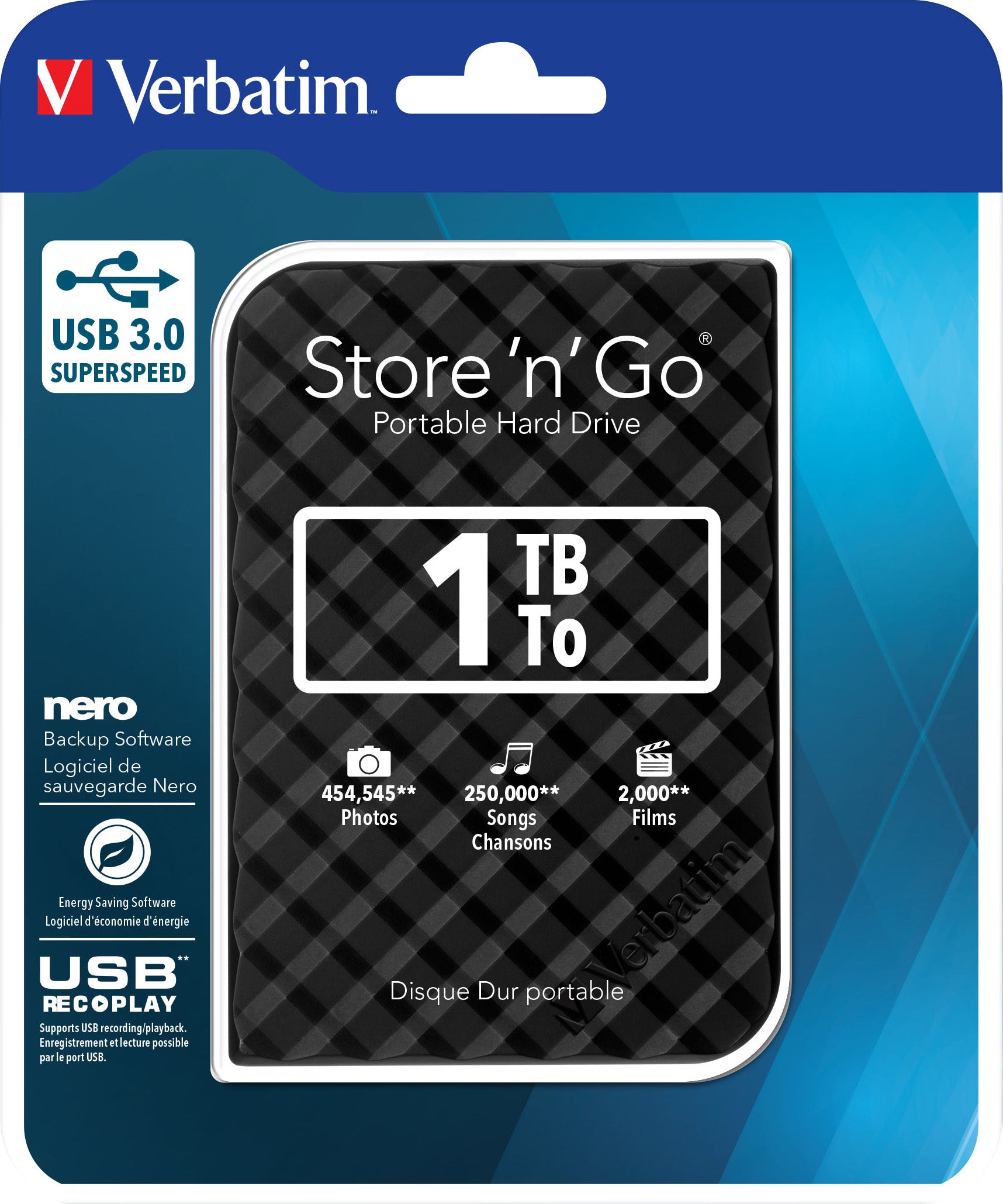 VERBATIM Festplatte 1TB, USB 3.0, 6.35cm (2.5''), schwarz