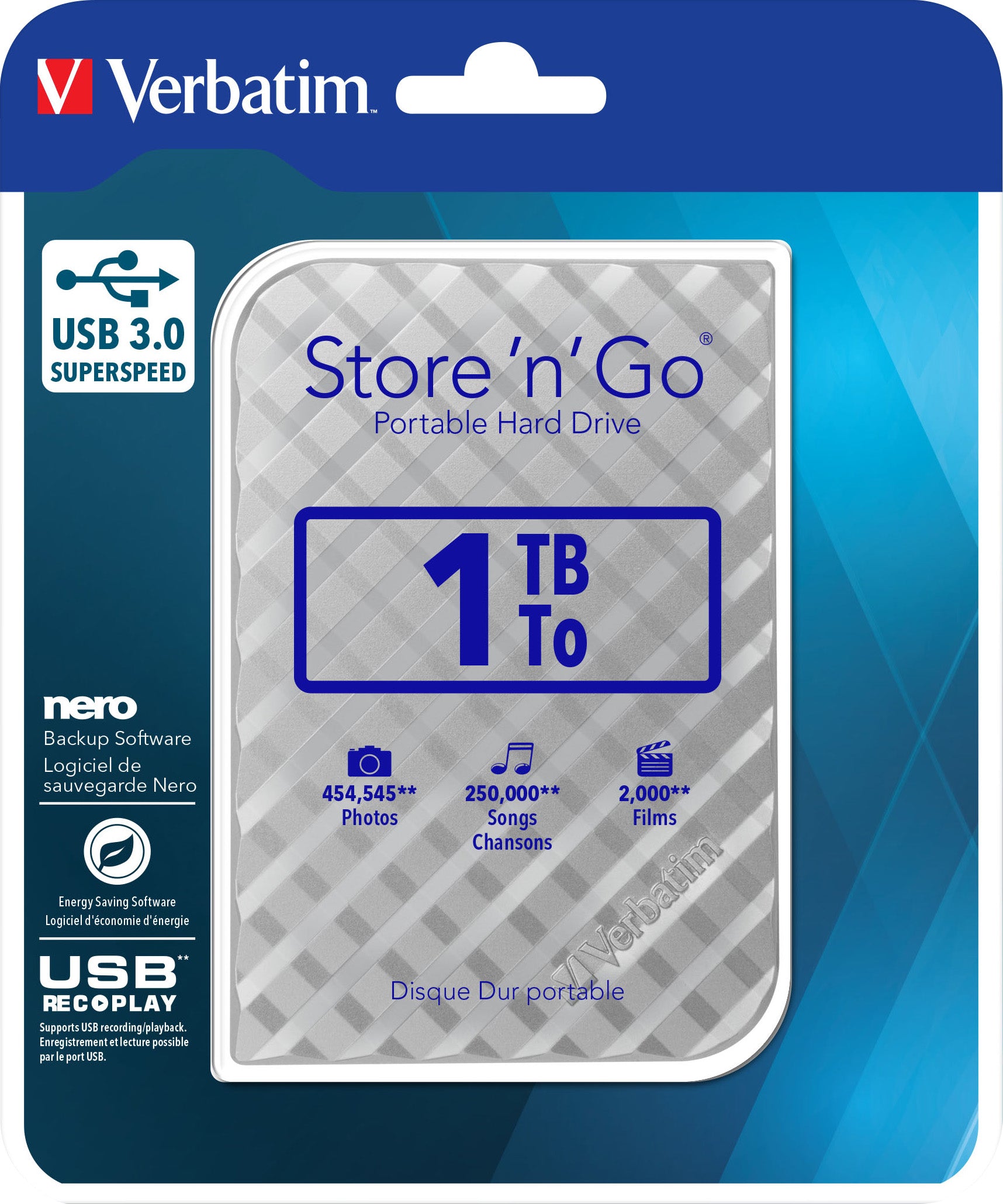 VERBATIM Festplatte 1TB, USB 3.0, 6.35cm (2.5''), silber