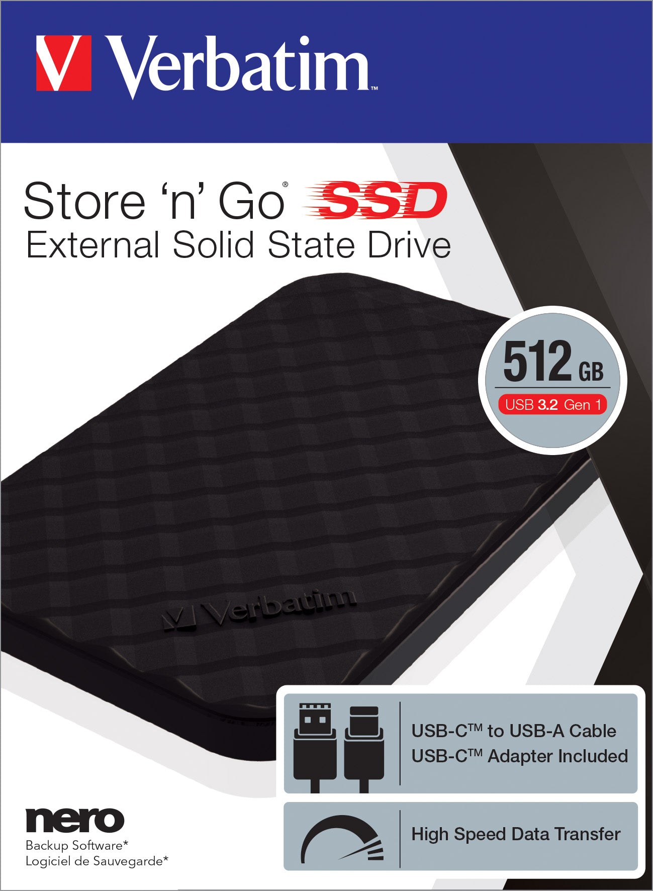 VERBATIM SSD 512GB, USB 3.2, Typ A-C, 6.35cm (2.5'')