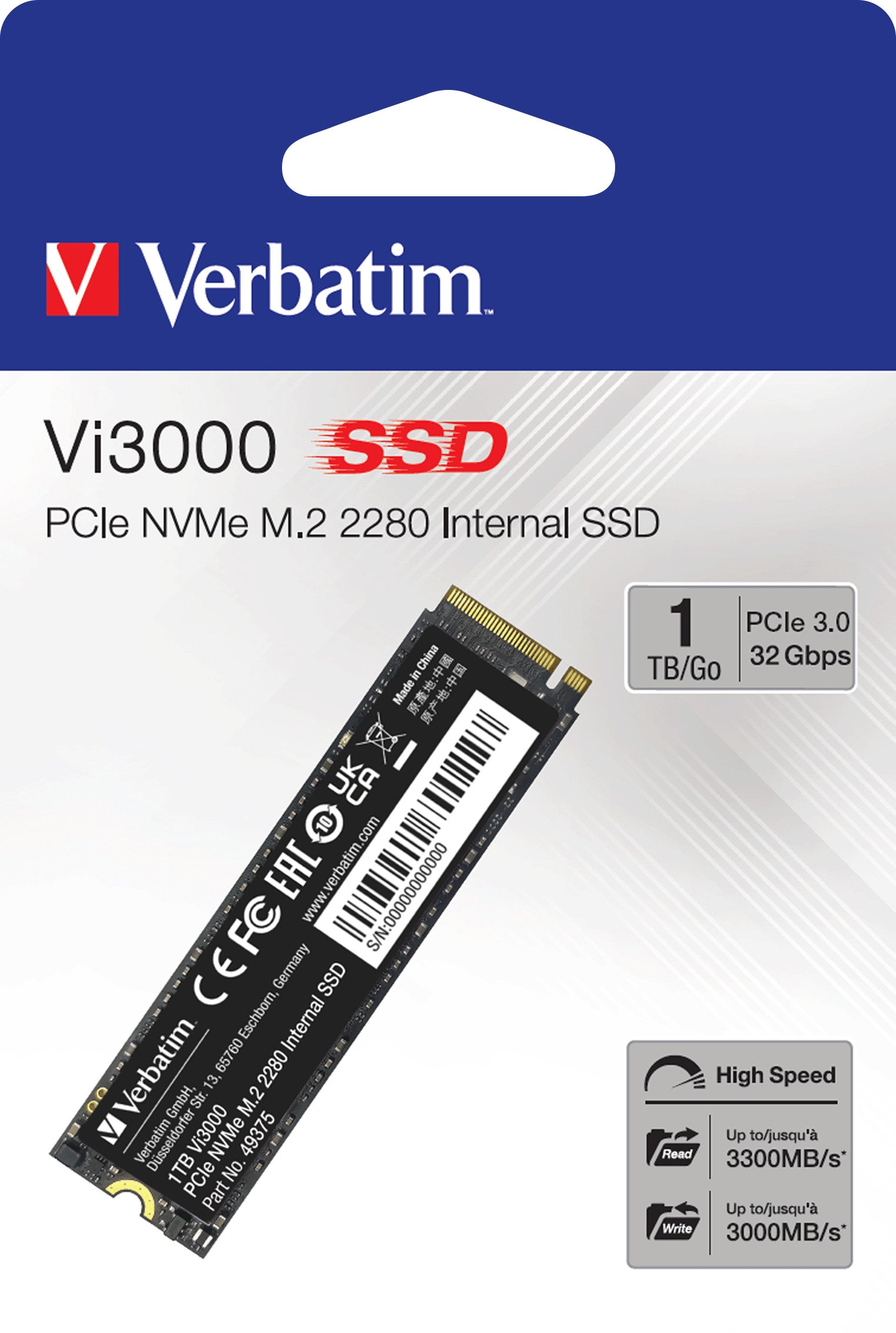 VERBATIM SSD 1TB, PCIe 3.0, M.2 2280, NVMe, Vi3000