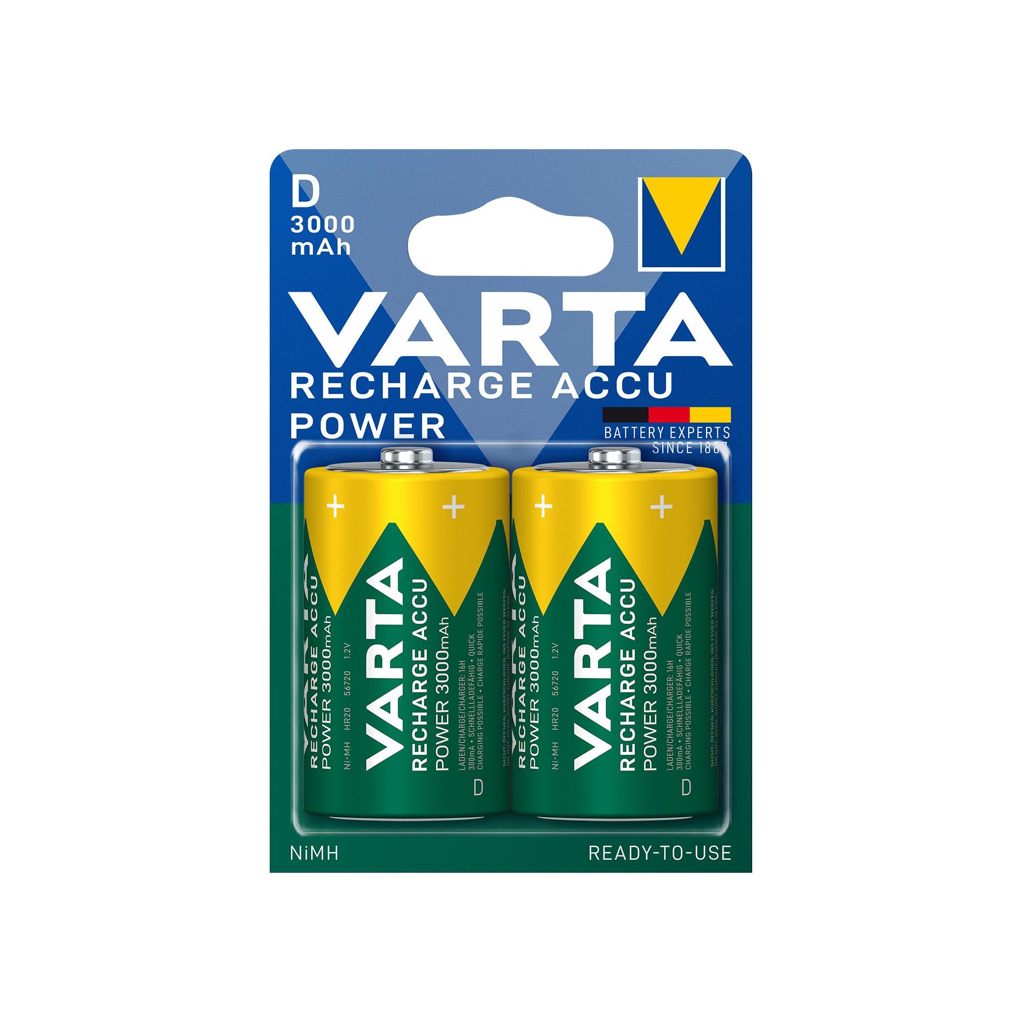 VARTA Akku NiMH Mono D HR20, 1.2V/3000mAh Accu Power, Pre-charged, Retail Blister (2-Pack)