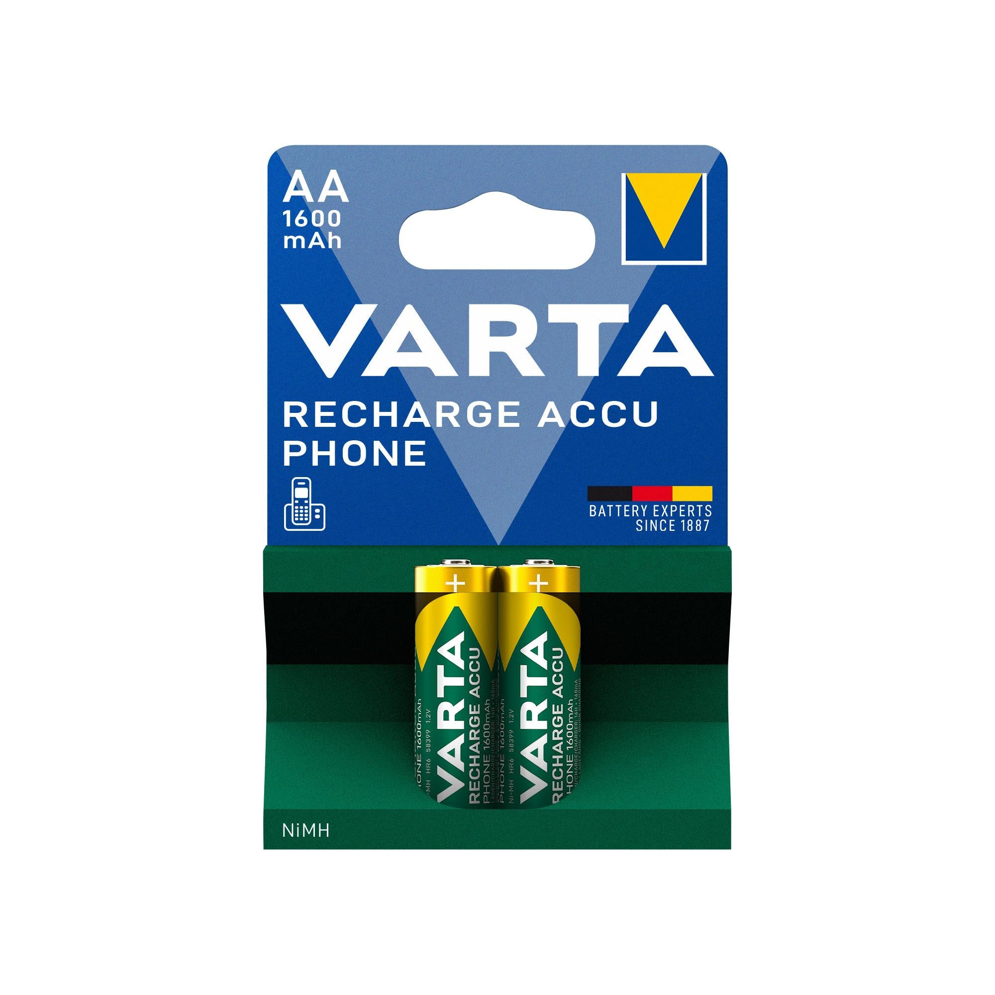 VARTA Akku NiMH Mignon AA HR06, 1.2V/1600mAh Accu Phone, Retail Blister (2-Pack)