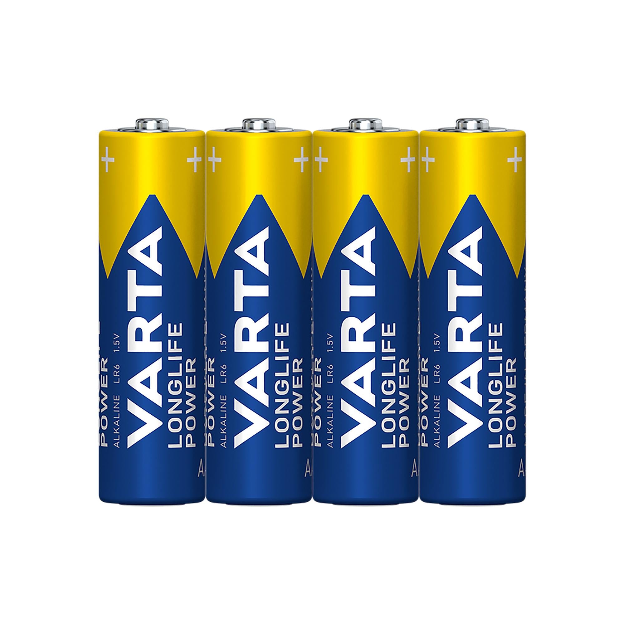 VARTA Batterie Alkaline Mignon AA LR06, 1.5V Longlife Power, Shrinkwrap (4-Pack)