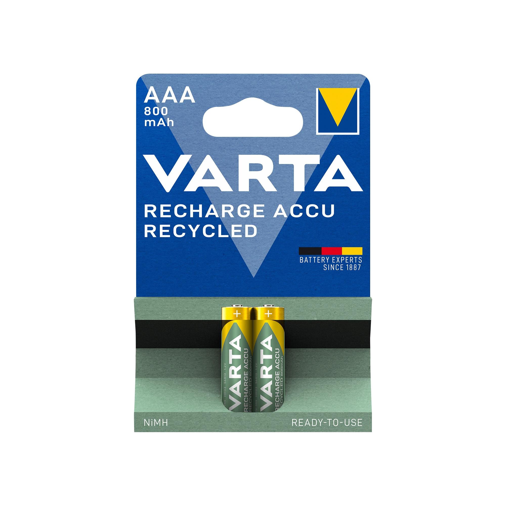 VARTA Akku NiMH Micro AAA HR03, 1.2V/800mAh Accu Recycled, Pre-charged, Retail Blister (2-Pack)