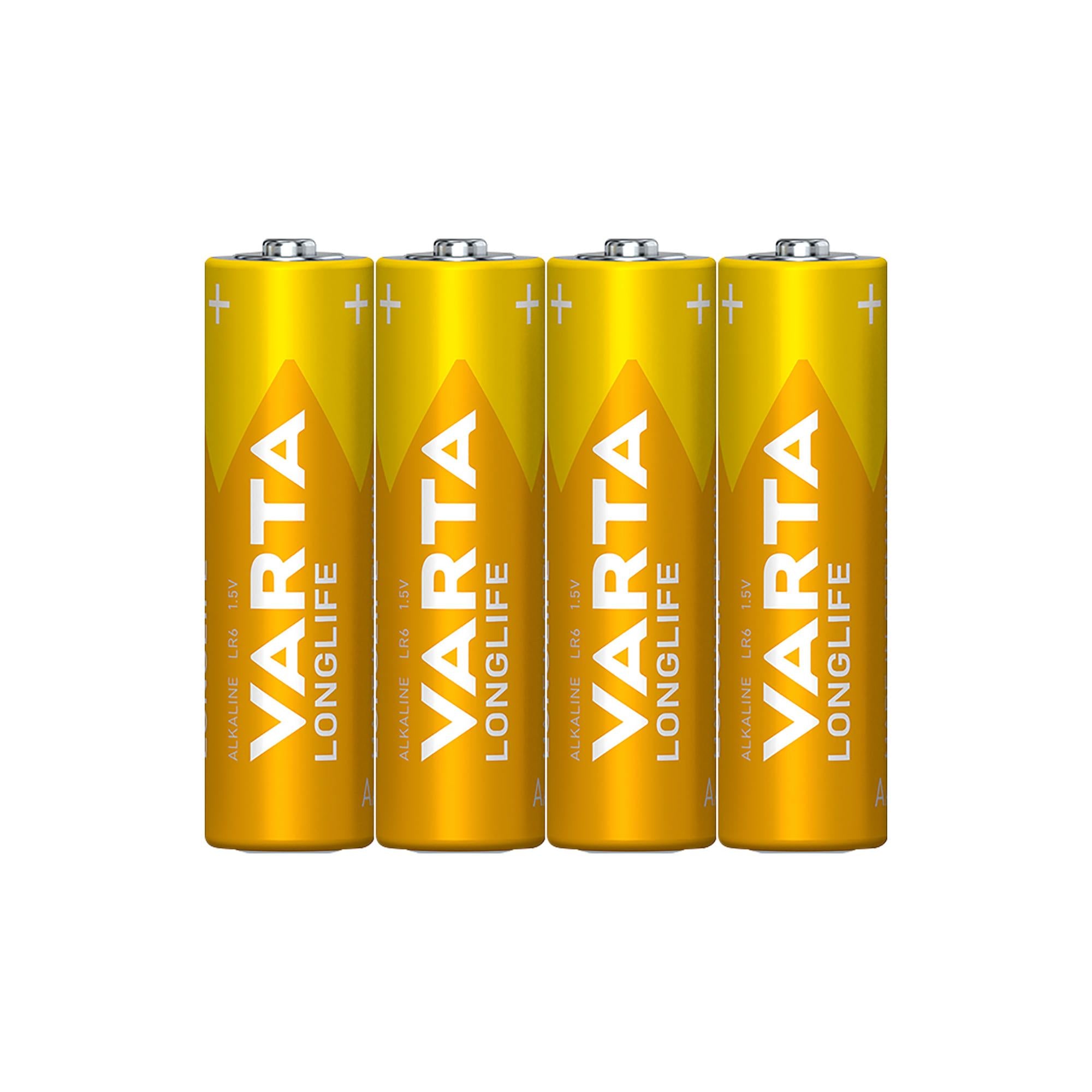 VARTA Batterie Alkaline Mignon AA LR06, 1.5V Longlife, Shrinkwrap (4-Pack)