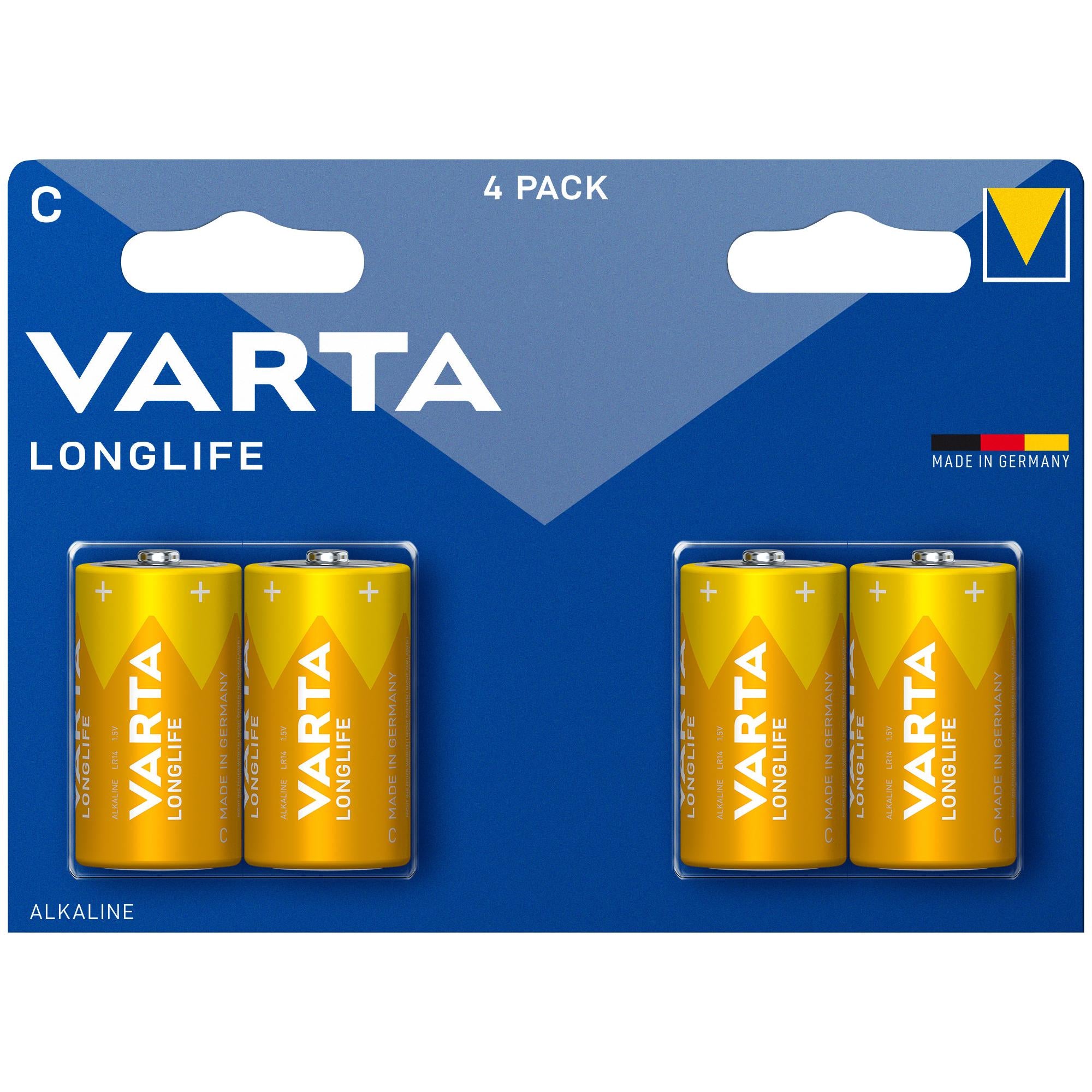 VARTA Batterie Alkaline Baby C LR14, 1.5V Longlife, Retail Blister (4-Pack)