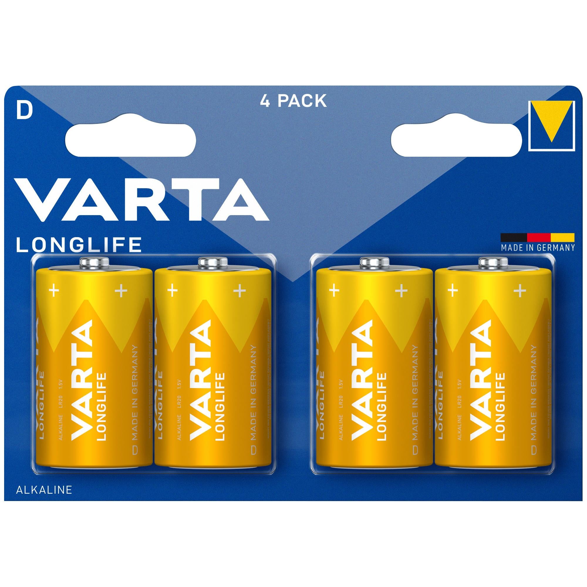 VARTA Batterie Alkaline Mono D LR20, 1.5V Longlife, Retail Blister (4-Pack)
