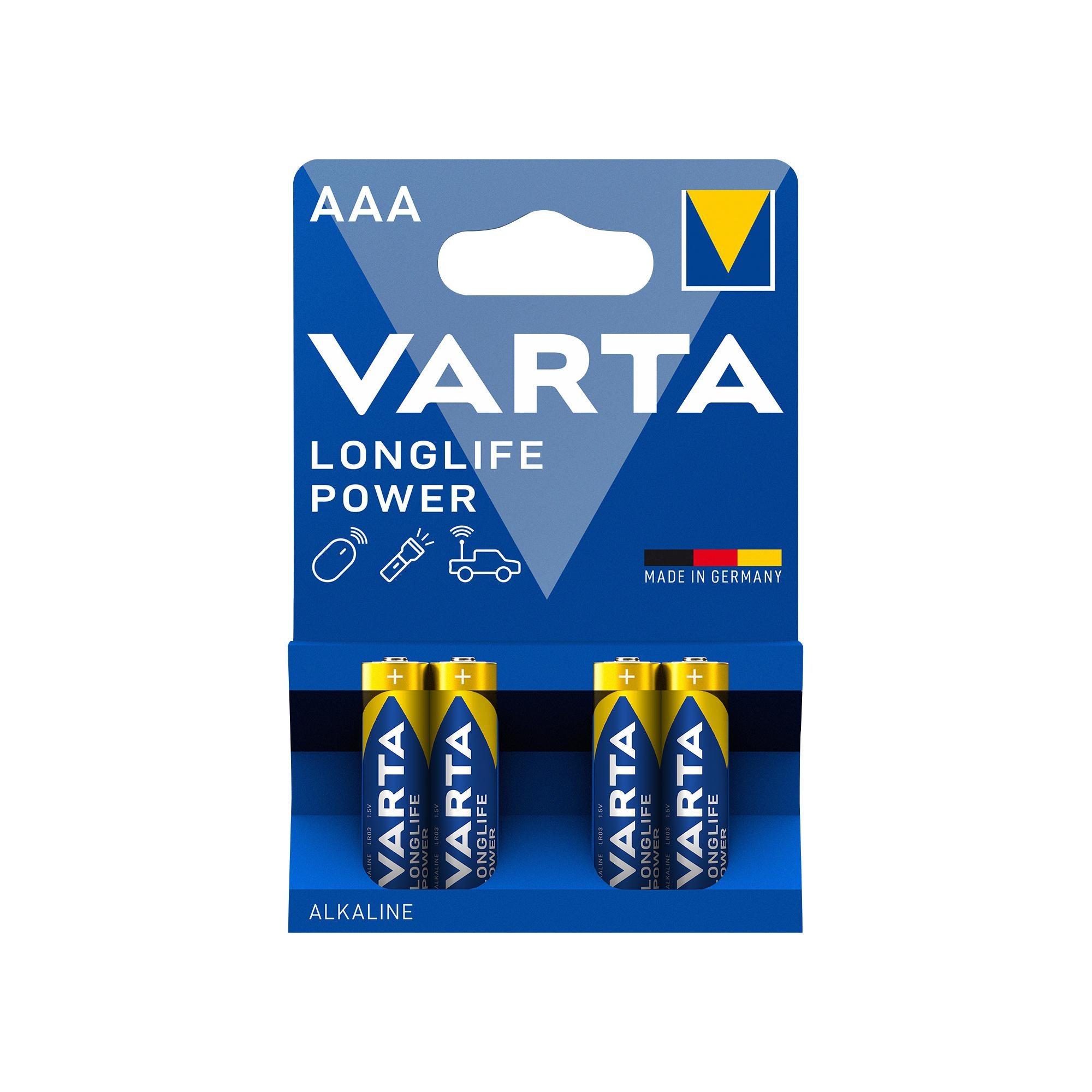 VARTA Batterie Alkaline Micro AAA LR03, 1.5V Longlife Power, Retail Blister (4-Pack)