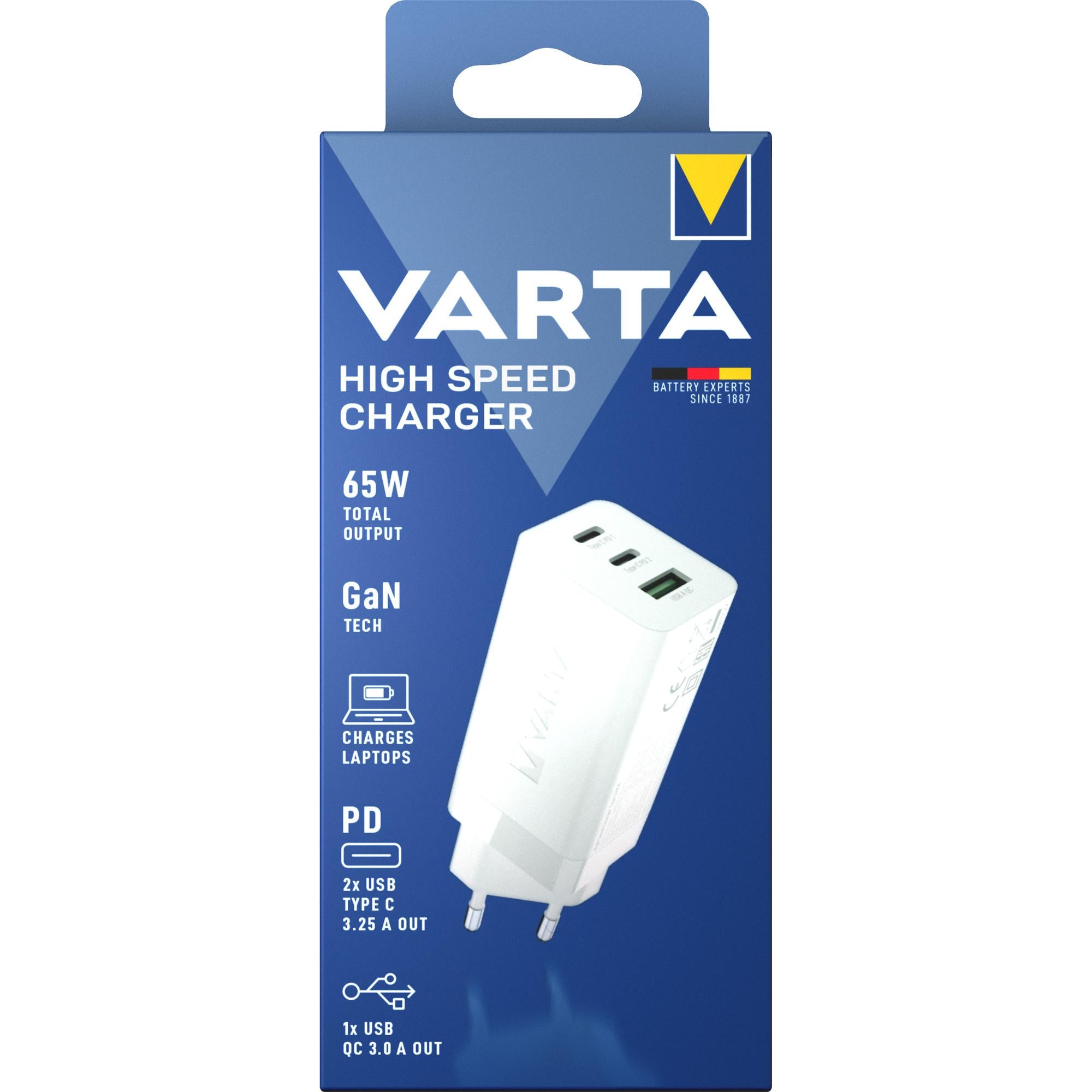 VARTA Ladeadapter High Speed Charger GaN - 65W weiß 1x USB-A QC 2x USB-C PD Retail