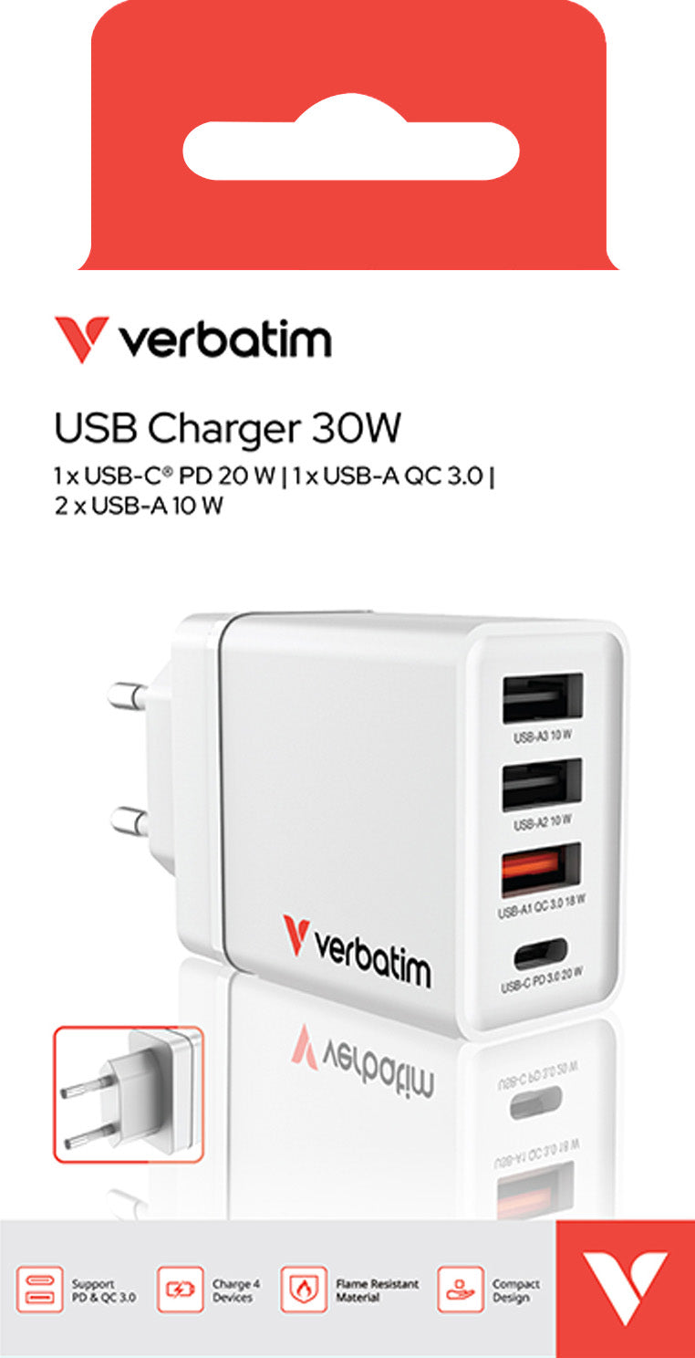 VERBATIM Ladeadapter, CHR-30EU2, 30W, GaN, weiss