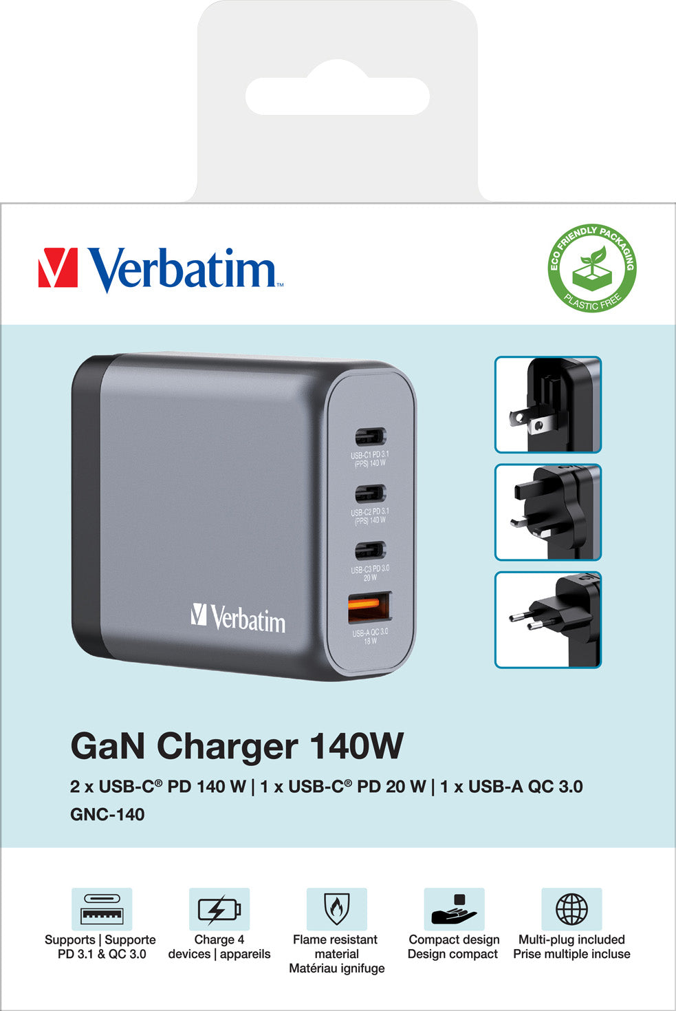 VERBATIM Ladeadapter, Universal, GNC-140, GaN, 140W, grau