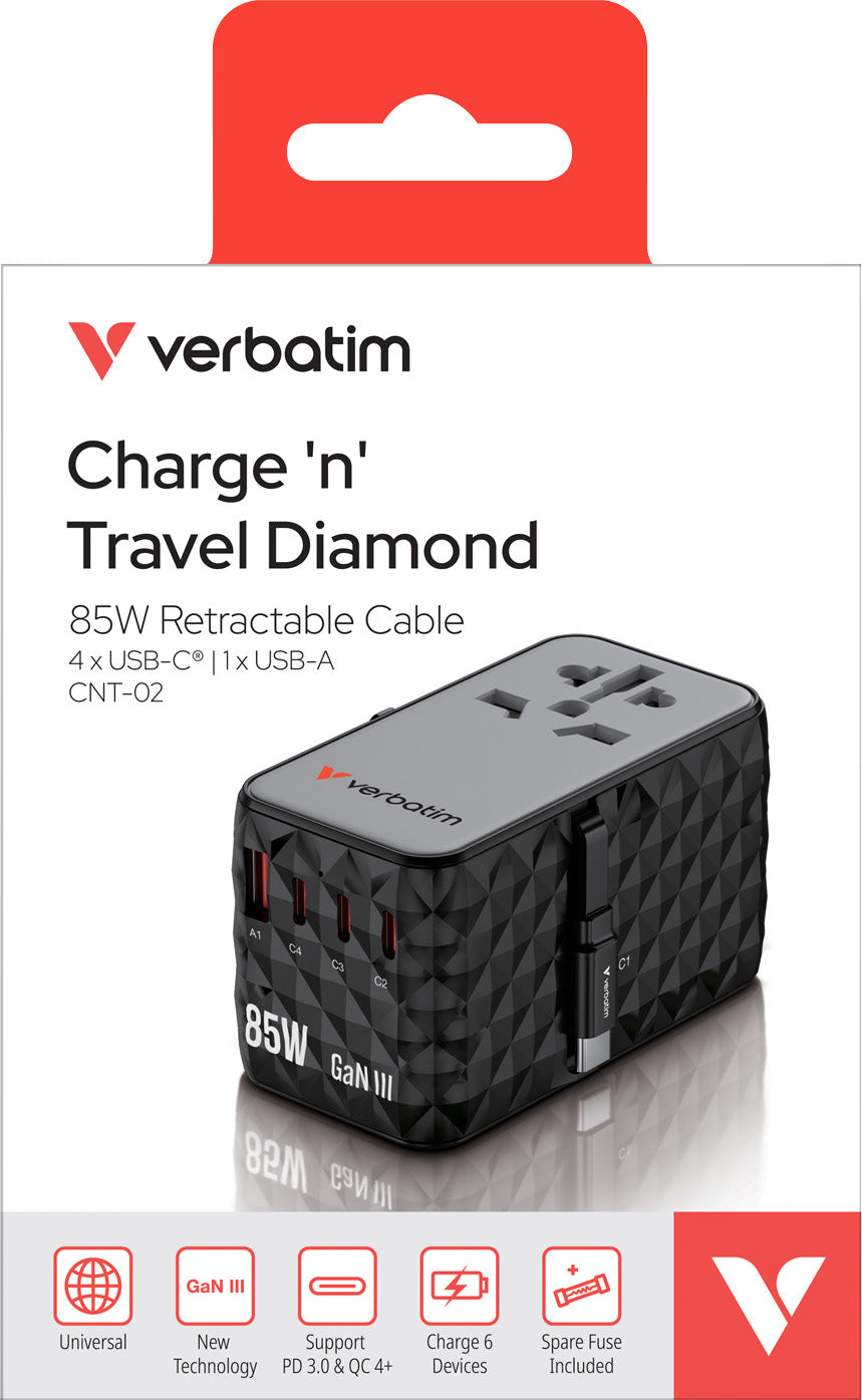 VERBATIM Ladeadapter, Charge'n'Travel, GaN III, 85W, USB-C Kabel integriert