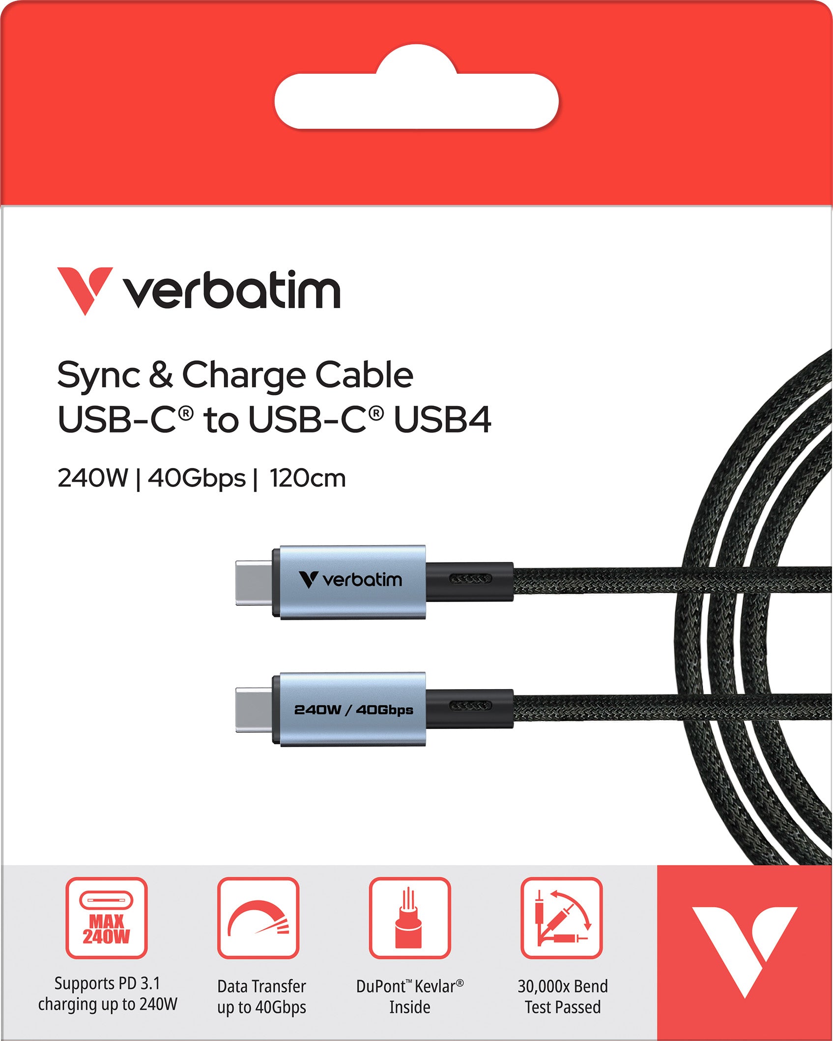 VERBATIM Ladekabel, USB-C/USB-C, 1.2m, schwarz