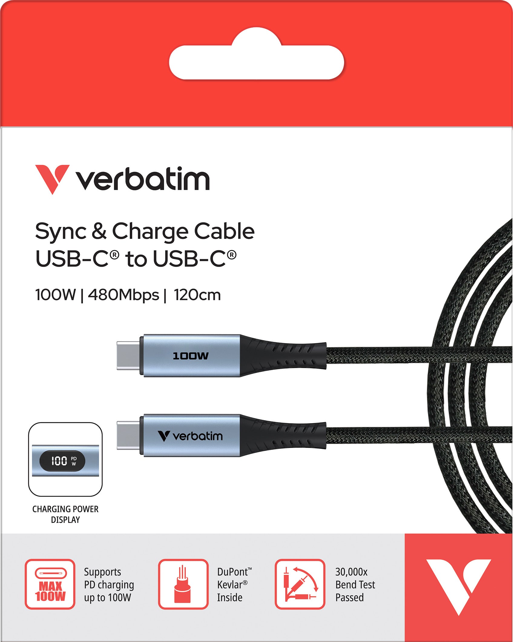 VERBATIM Ladekabel, USB-C/USB-C, 1.2m, schwarz
