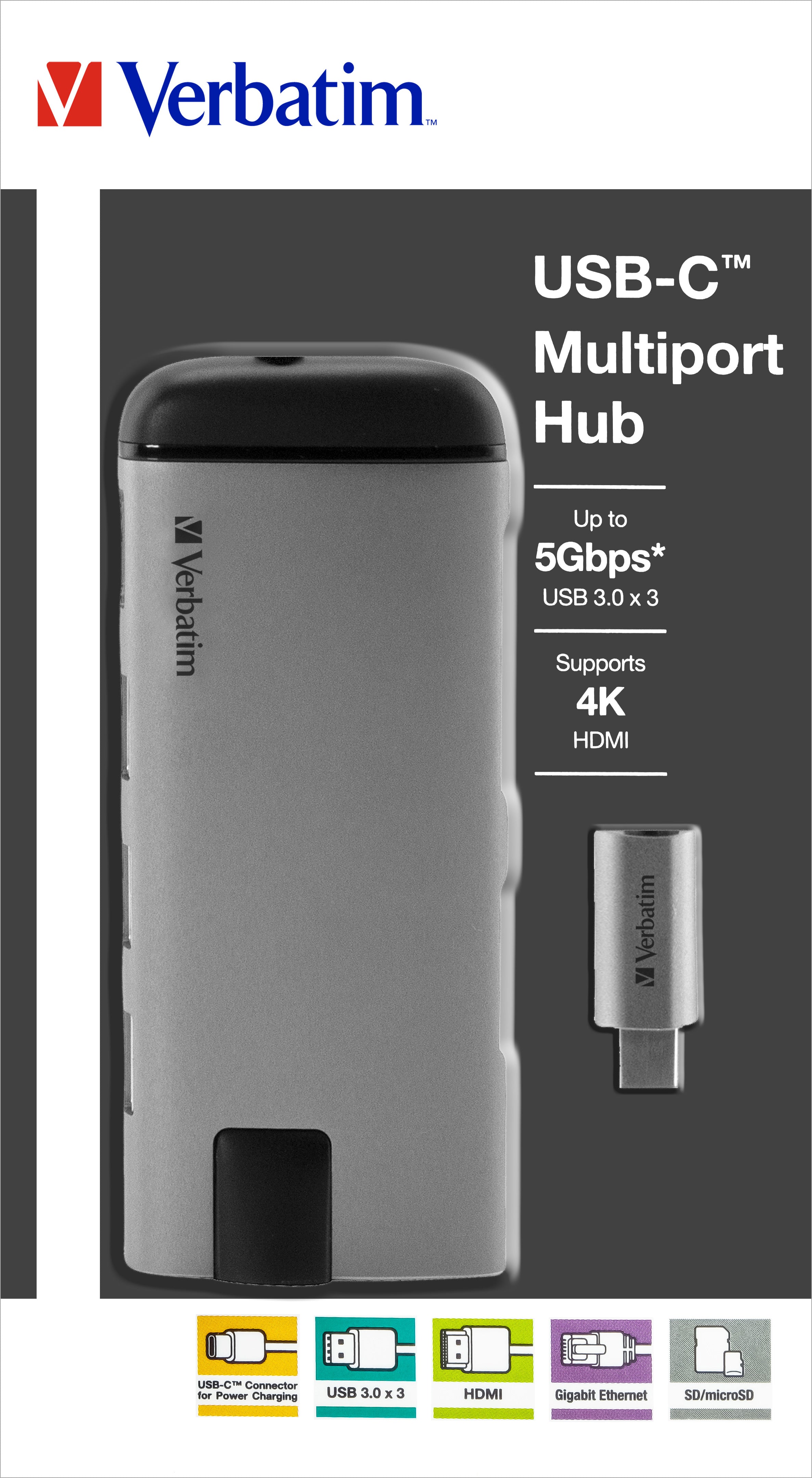 VERBATIM Hub, Multiport, 3x USB 3.0-A, HDMI 4K, RJ45