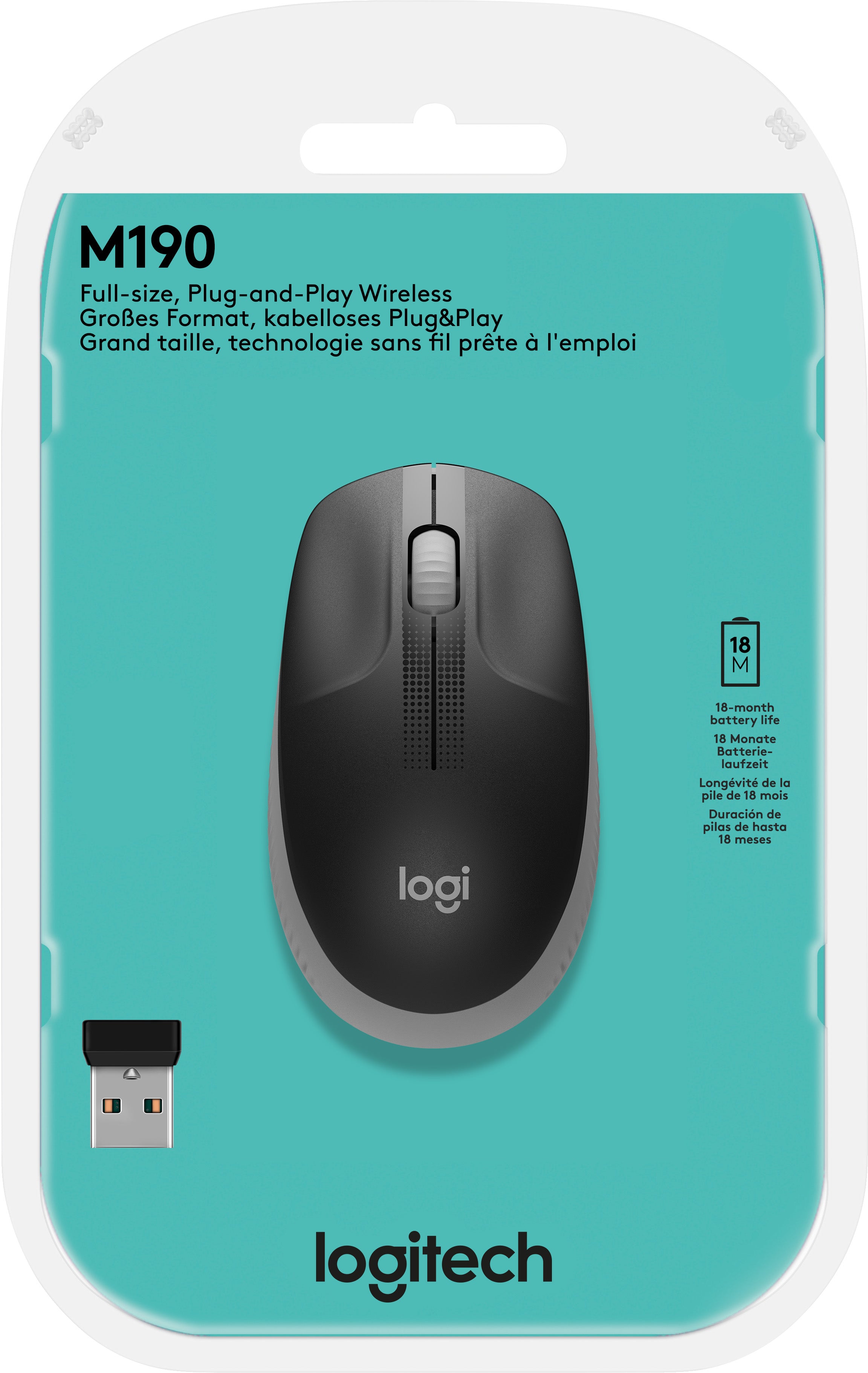 LOGITECH Maus M190, Wireless, grau