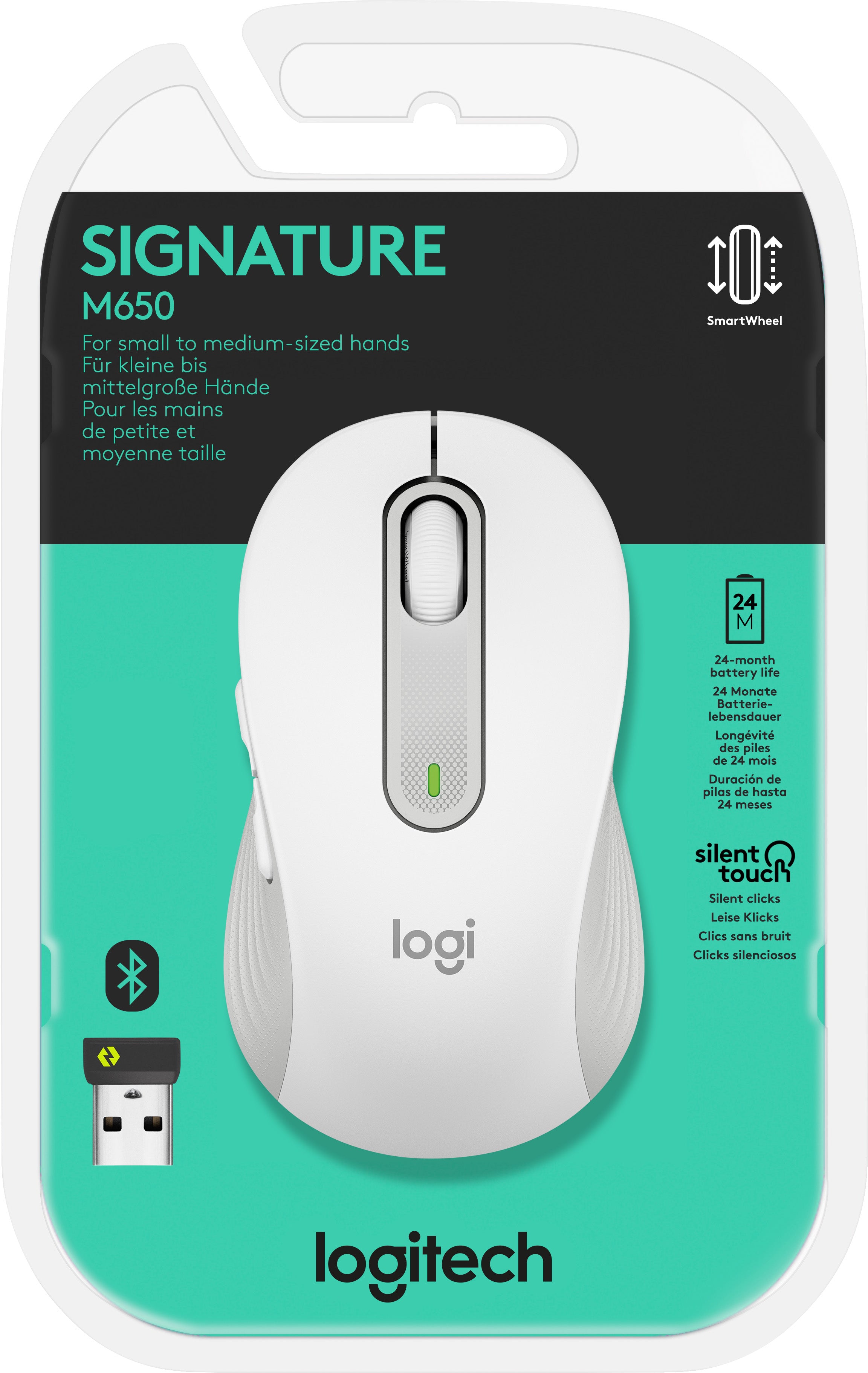LOGITECH Maus M650, Signature, Wireless, Bolt, Bluetooth, weiss