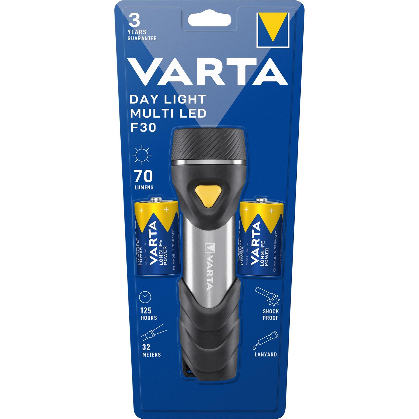 VARTA LED Taschenlampe Day Light, Multi LED F30, 70lm, inkl. 2x Batterie Mono D, Retail Blister
