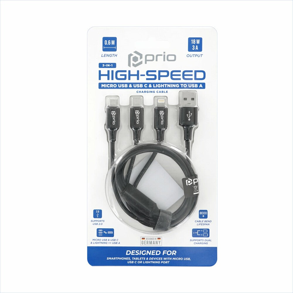 prio 3in1 Micro USB & USB C & Lightning zu USB-A-Kabel (0,6m)