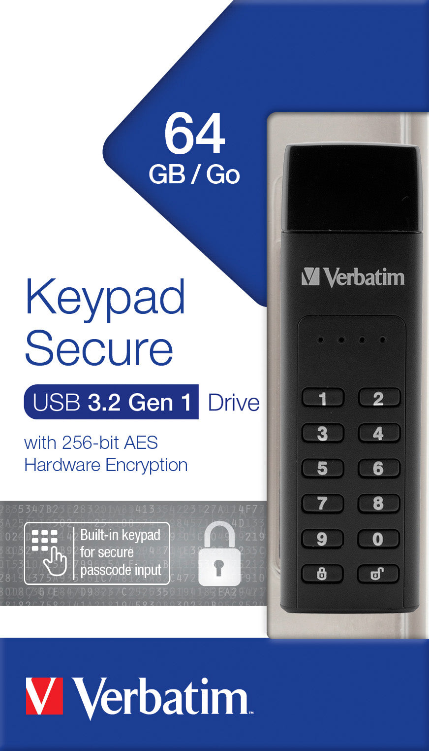 VERBATIM USB 3.2 Stick 64GB, Secure, Keypad, AES-256-Bit