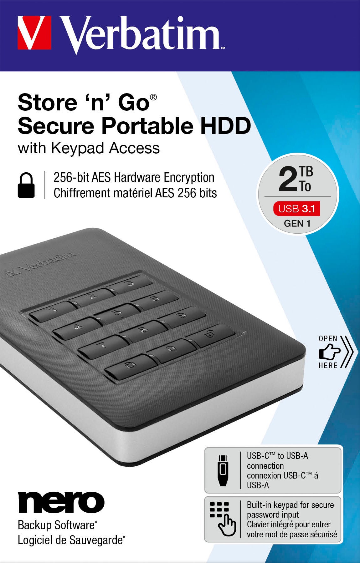 VERBATIM Festplatte 2TB USB 3.1, A-C, 6.35cm (2.5''), schwarz