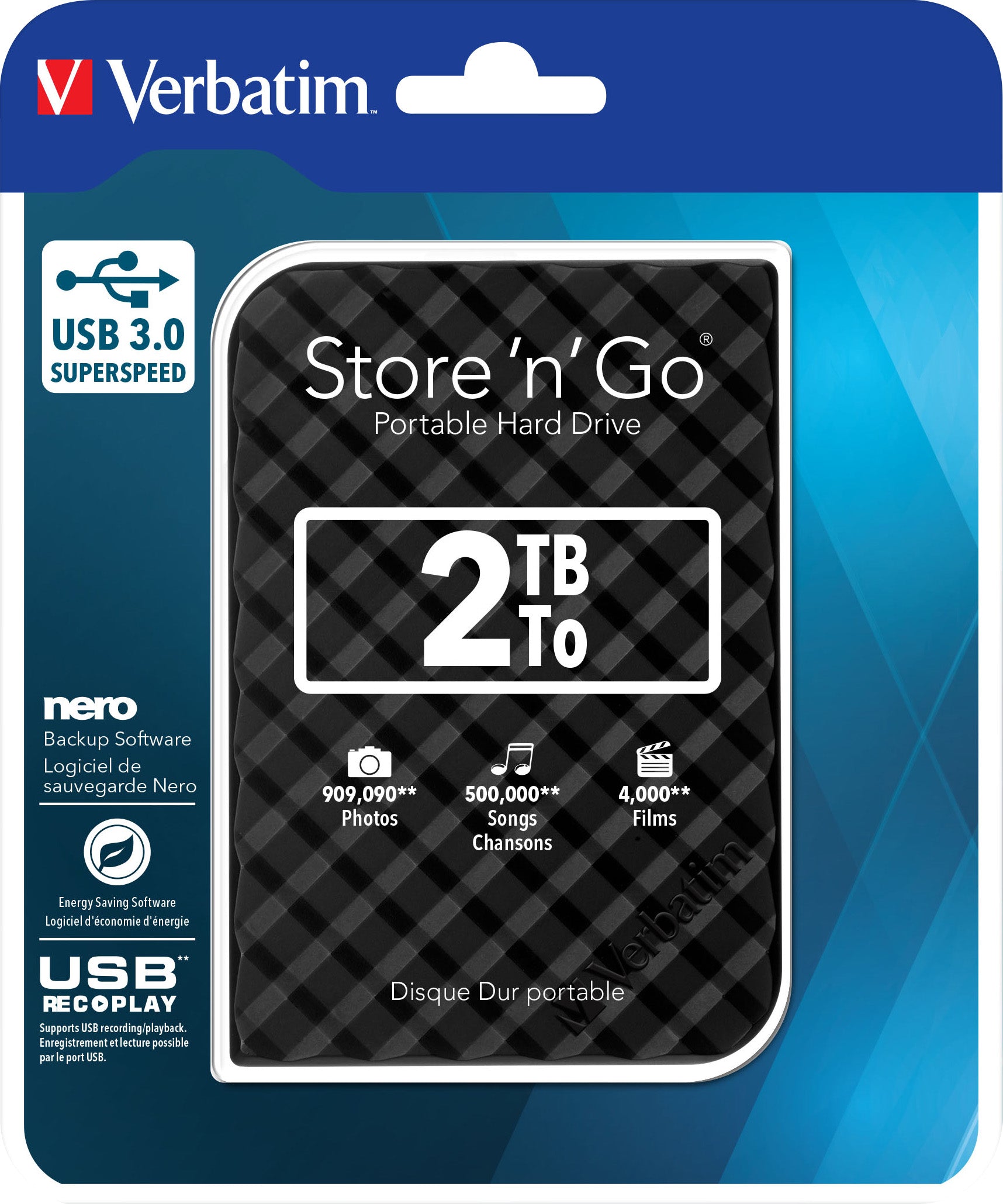 VERBATIM Festplatte 2TB, USB 3.0, 6.35cm (2.5''), schwarz