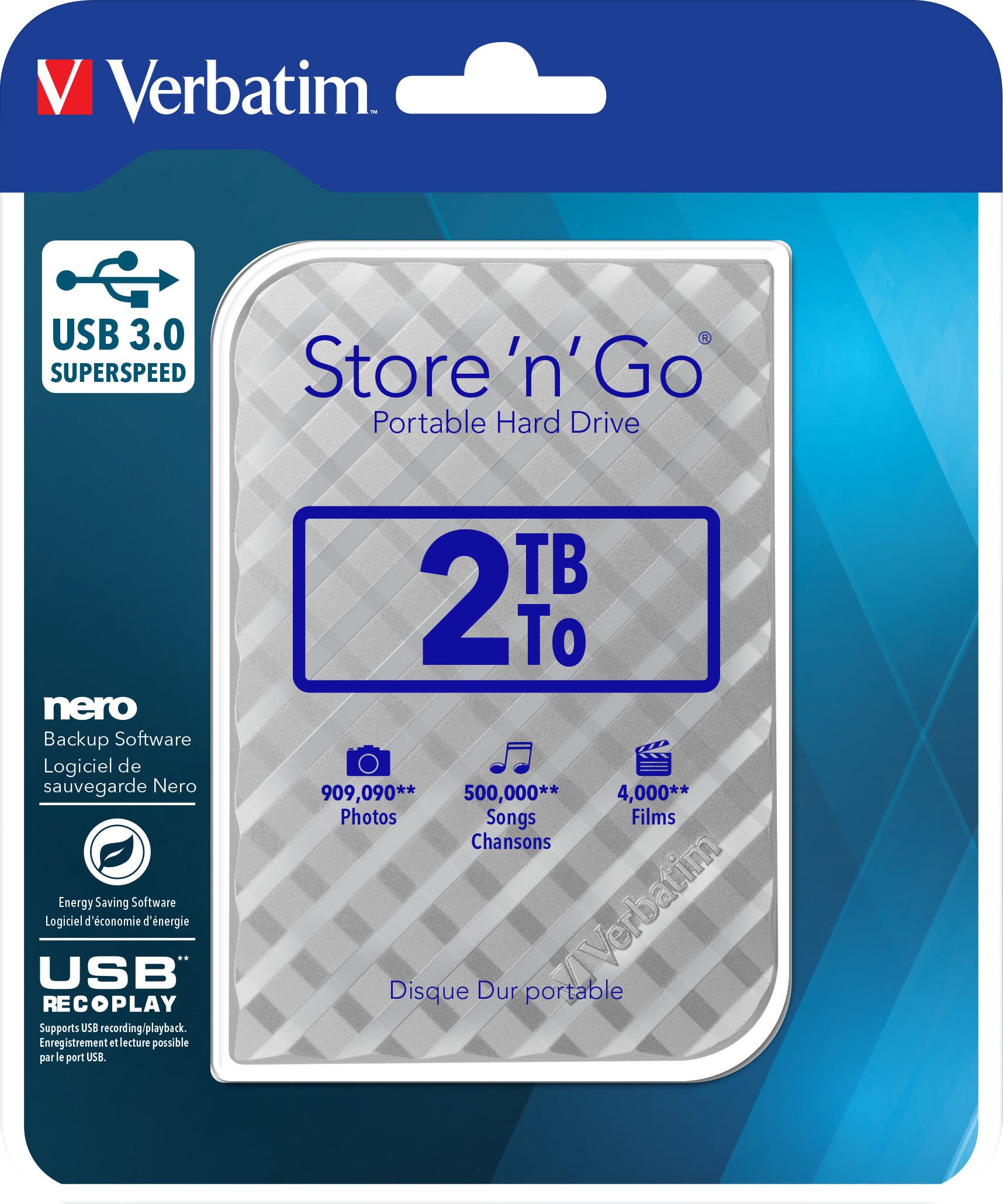 VERBATIM Festplatte 2TB, USB 3.0, 6.35cm (2.5''), silber