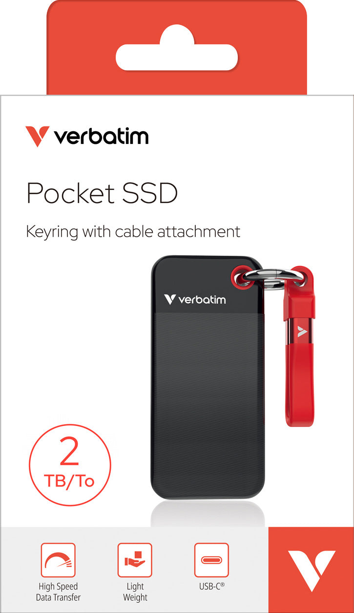 VERBATIM SSD 2TB, USB 3.2, Typ-C, Pocket, schwarz-rot