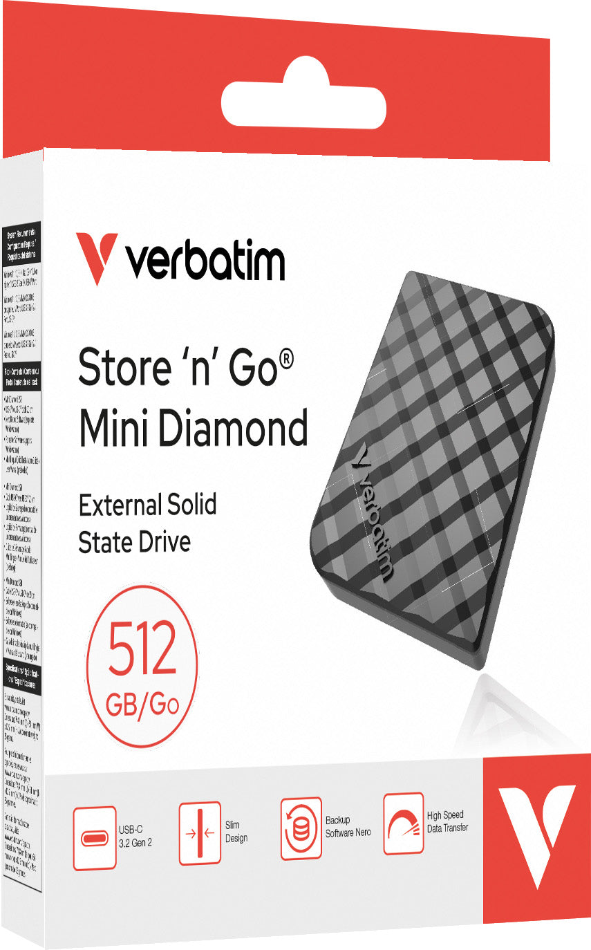 VERBATIM SSD 512GB, USB 3.2, Typ A-C, Mini Diamond, schwarz