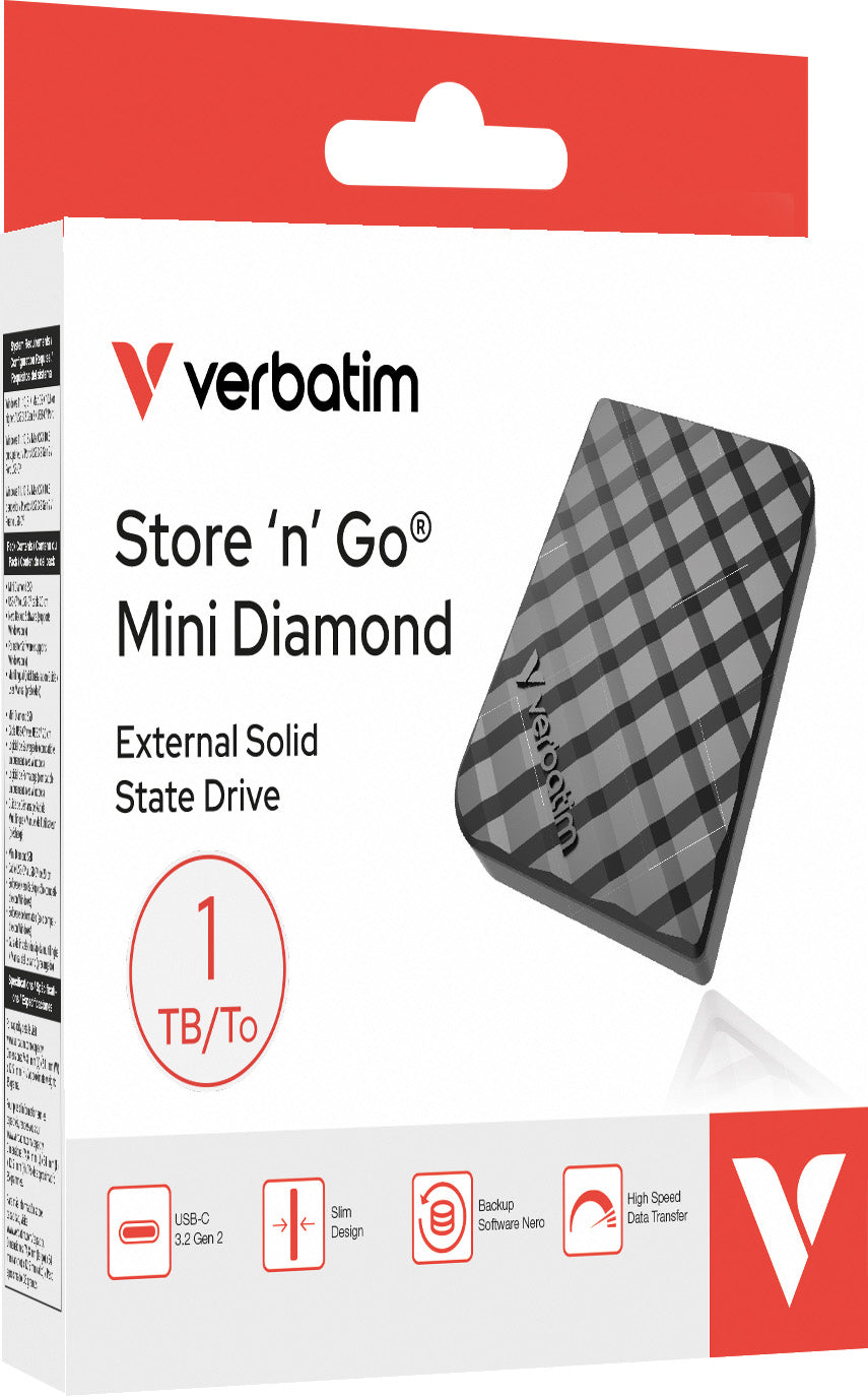 VERBATIM SSD 1TB, USB 3.2, Typ A-C, Mini Diamond, schwarz