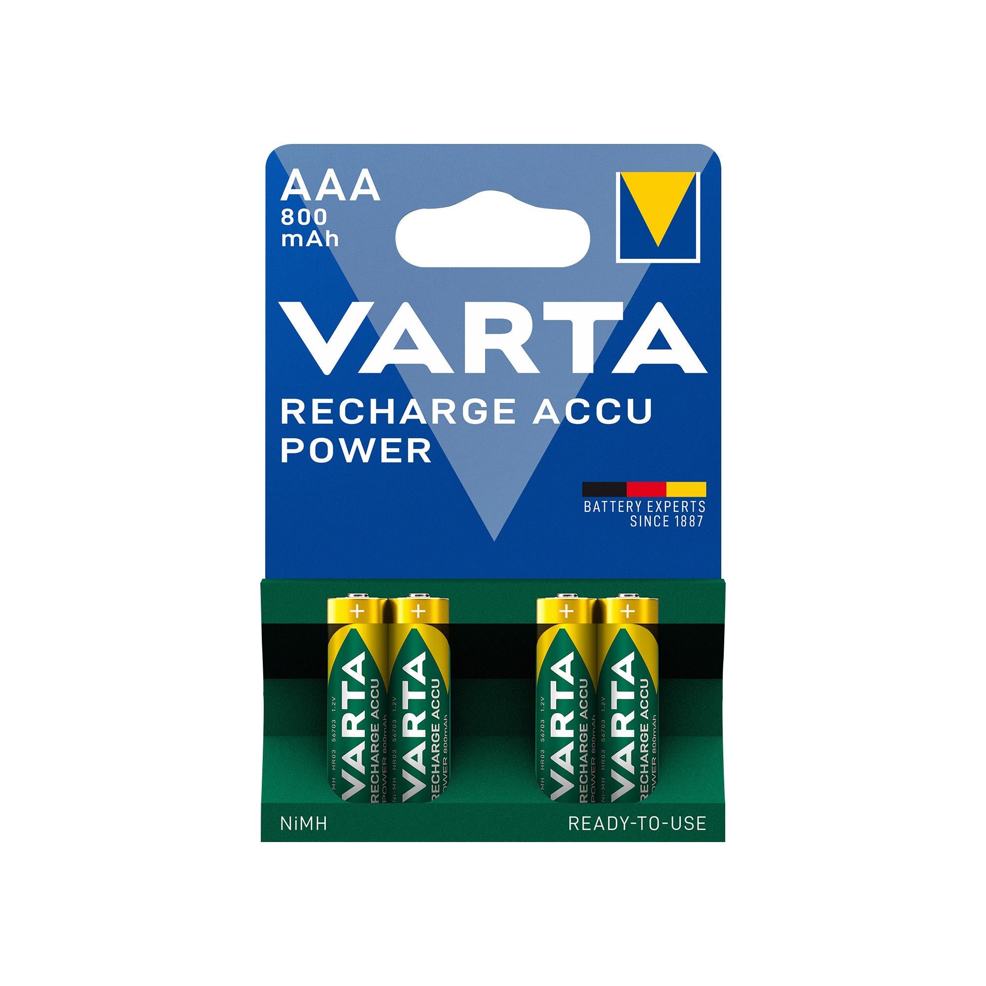 VARTA Akku NiMH Micro AAA HR03, 1.2V/800mAh Accu Power, Pre-charged, Retail Blister (4-Pack)