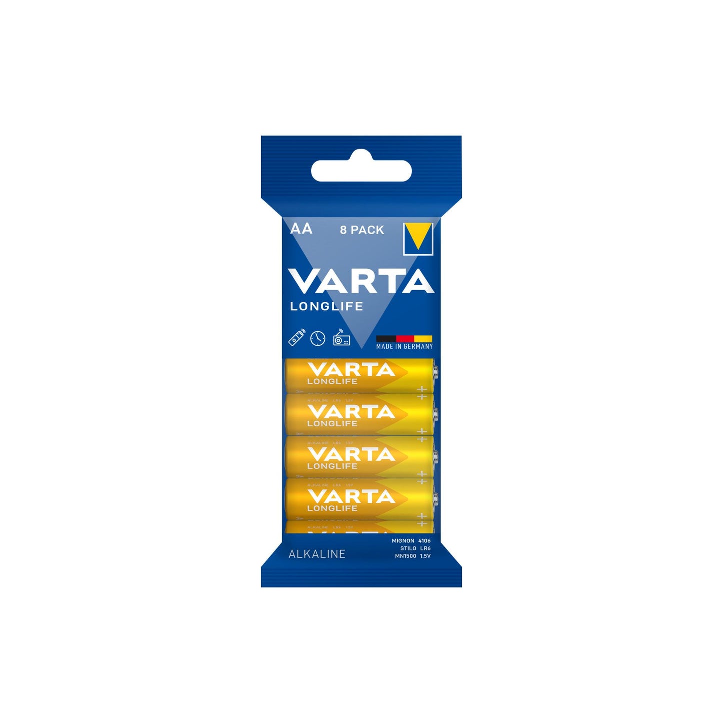 VARTA Batterie Alkaline Mignon AA LR06, 1.5V Longlife, Folienverpackung (8-Pack)