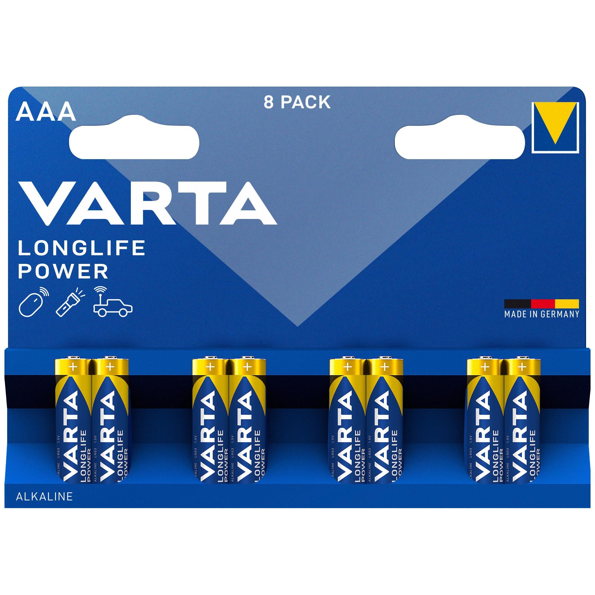 VARTA Batterie Alkaline Micro AAA LR03, 1.5V Longlife Power, Retail Blister (8-Pack)