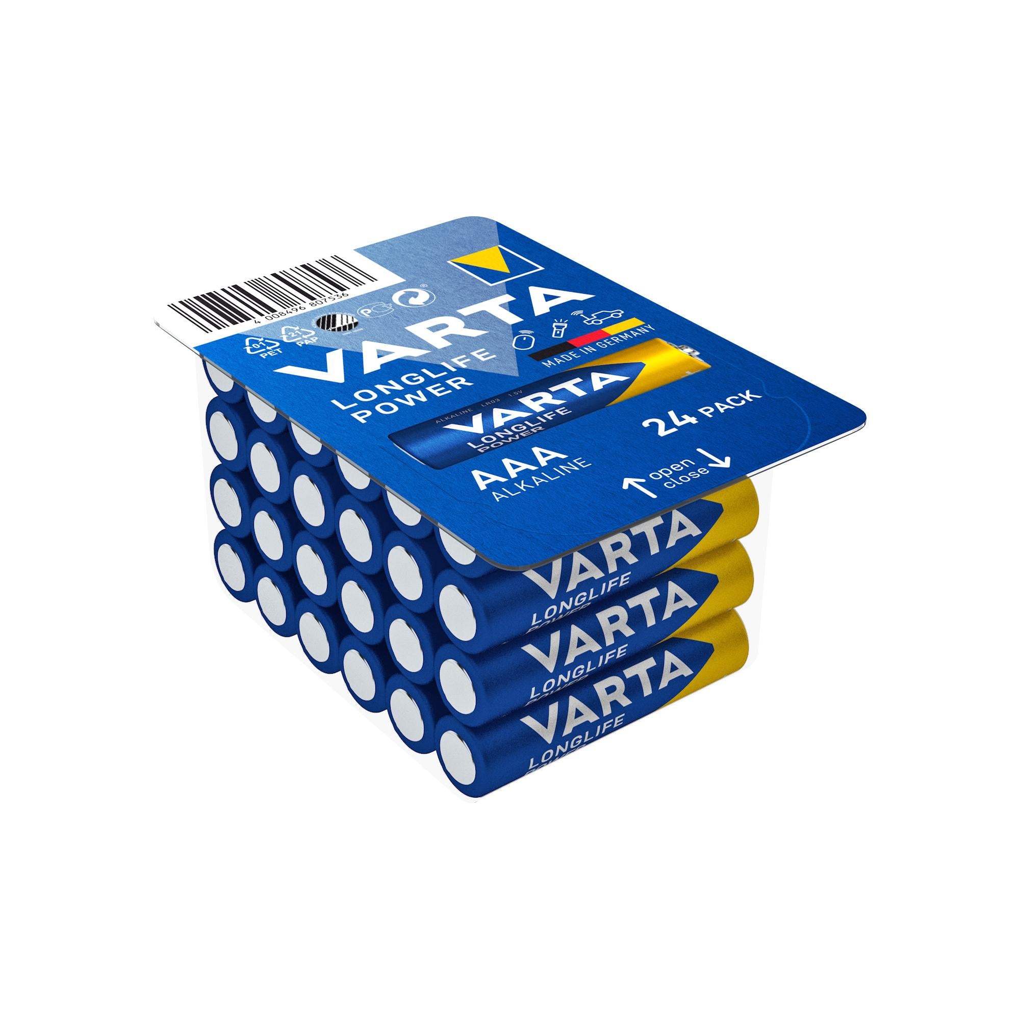 VARTA Batterie Alkaline AAA LR03, 1.5V Longlife Power, Retail Box (24-Pack)