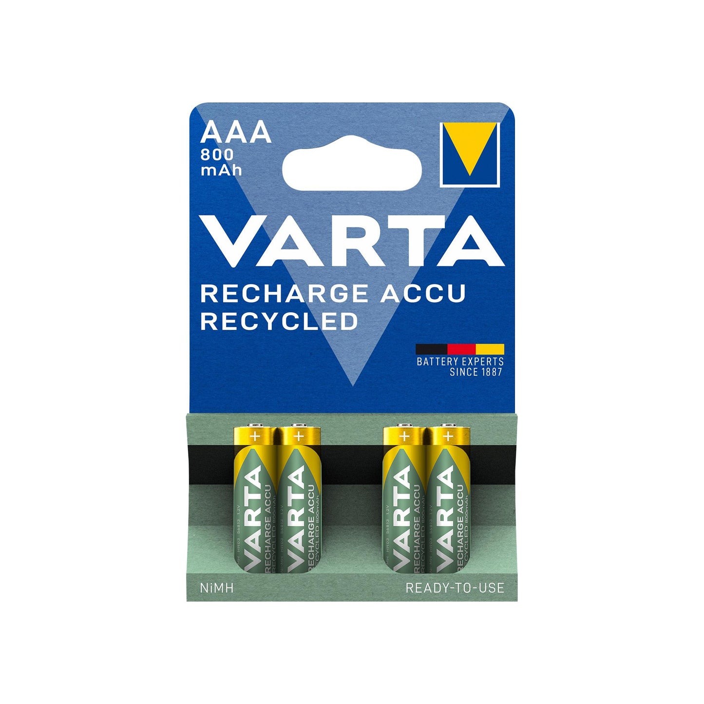 VARTA Akku NiMH Micro AAA HR03, 1.2V/800mAh Accu Recycled, Pre-charged, Retail Blister (4-Pack)