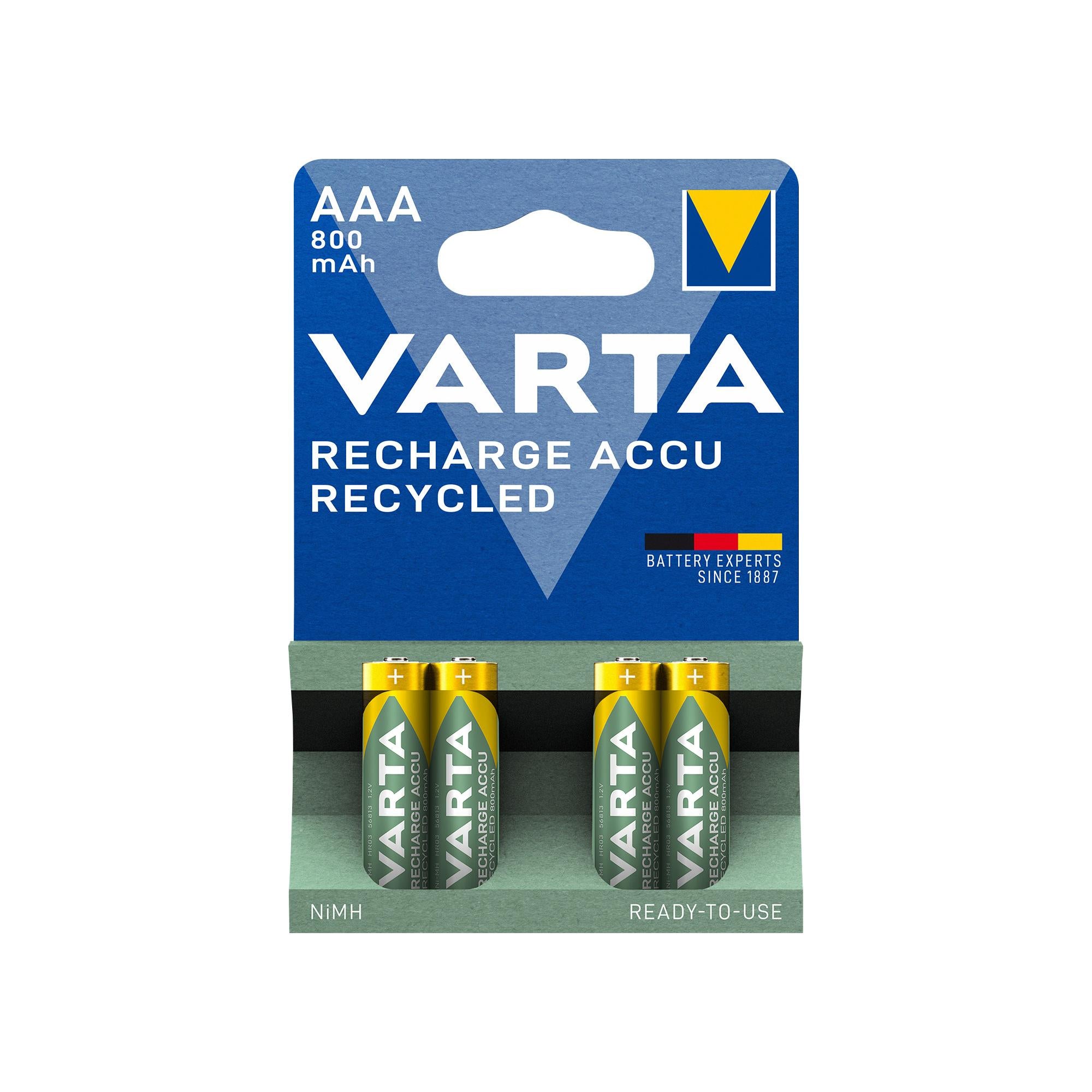 VARTA Akku NiMH Micro AAA HR03, 1.2V/800mAh Accu Recycled, Pre-charged, Retail Blister (4-Pack)