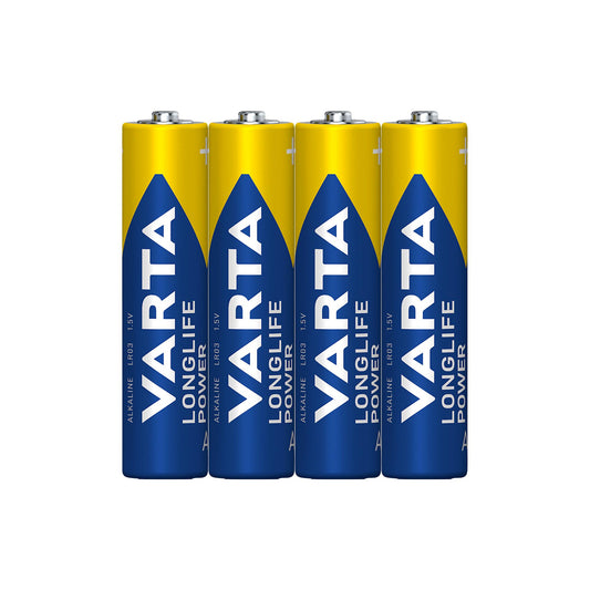 VARTA Batterie Alkaline Micro AAA LR03, 1.5V Longlife Power, Shrinkwrap (4-Pack)