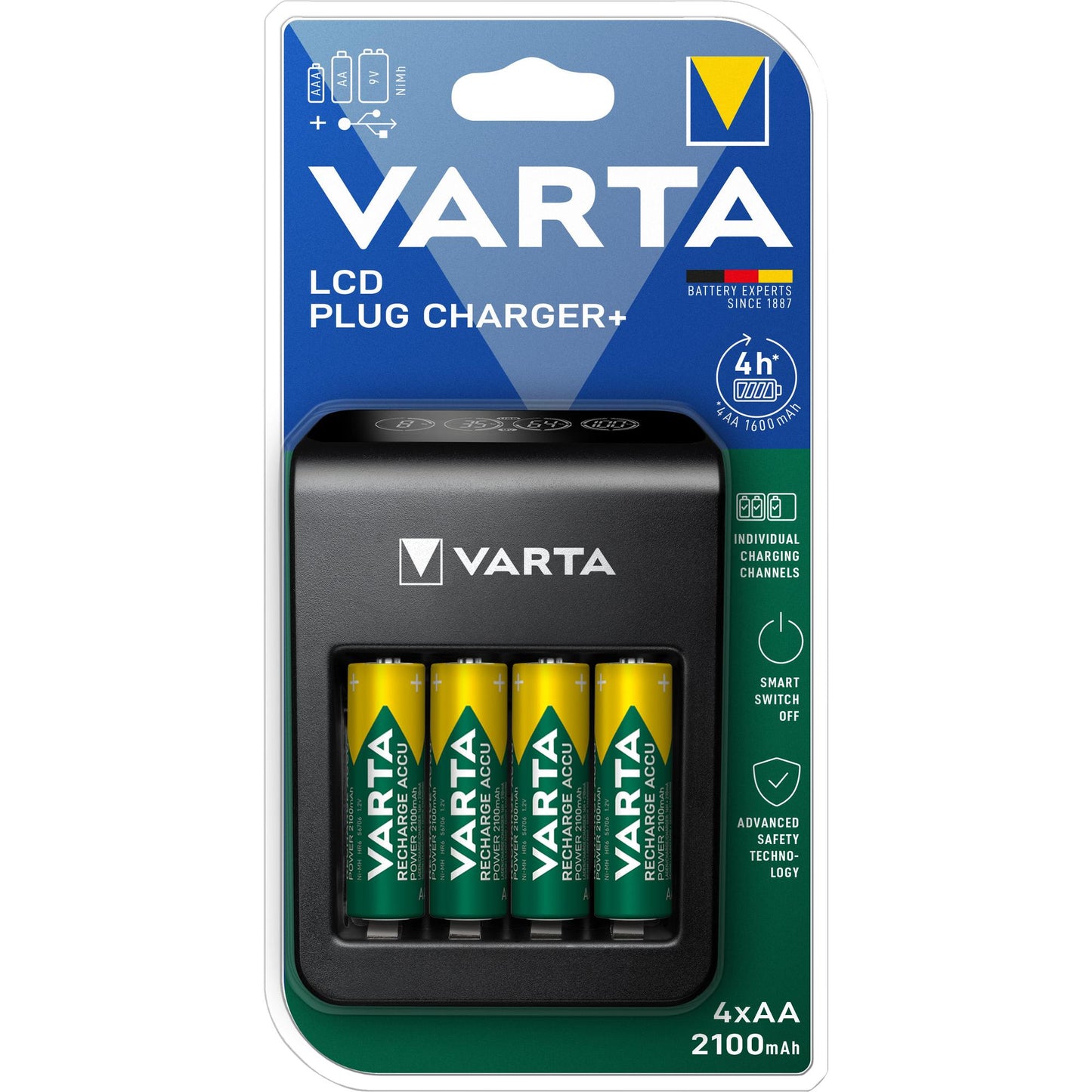 VARTA NiMH Universal Ladegerät LCD Plug Charger+ inkl. 4x AA Mignon Akkus, 2100mAh USB Retail