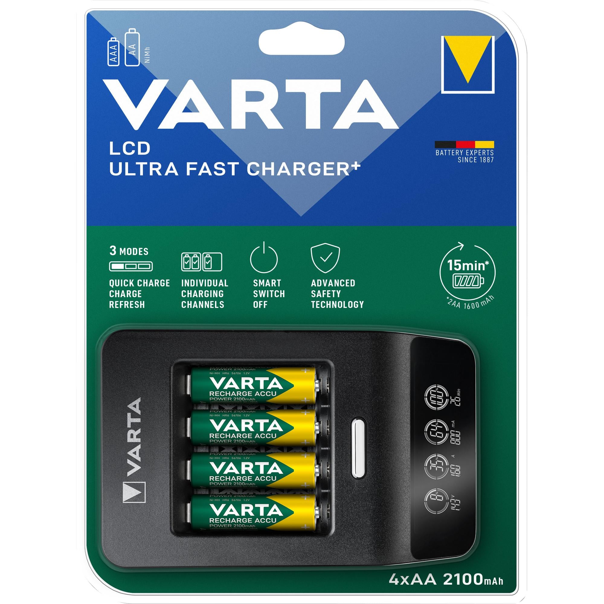 VARTA NiMH Universal Schnellladegerät LCD Charger+ inkl. 4 AA Mignon Akkus, 2100mAh Retail