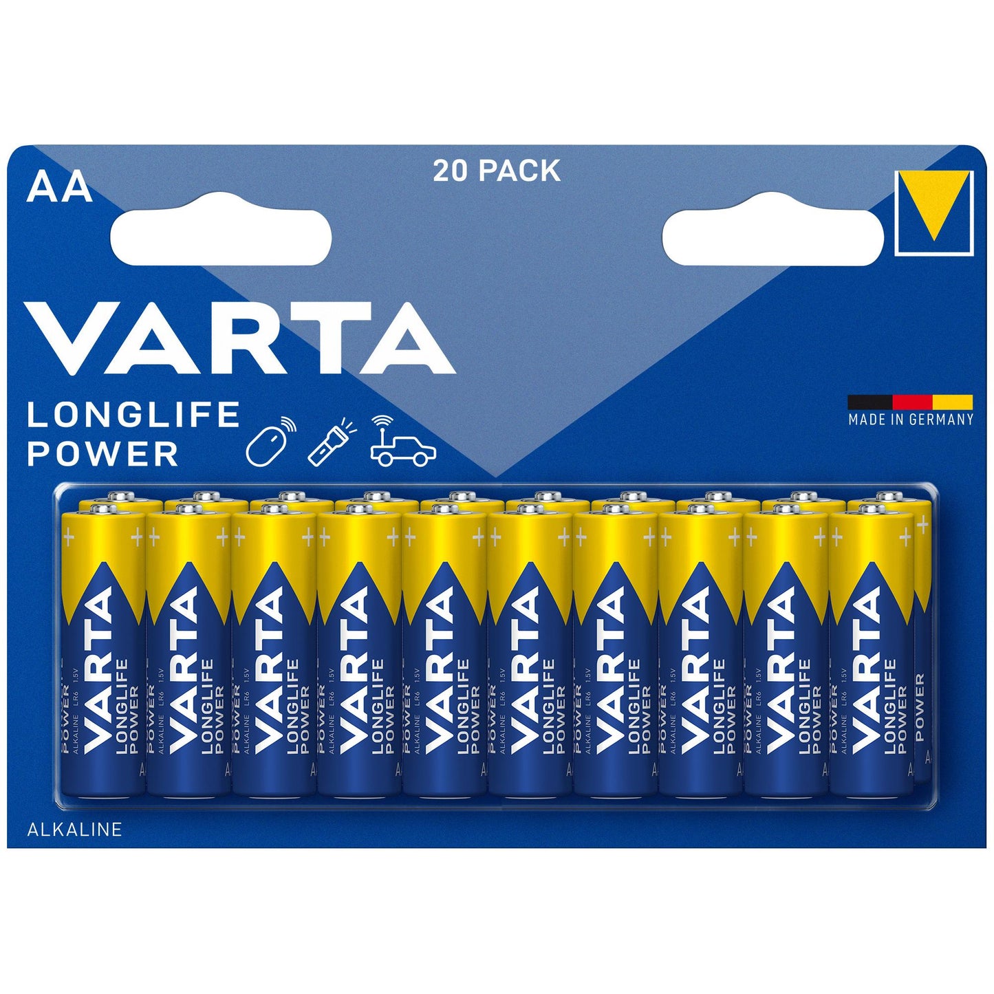 VARTA Batterie Alkaline Mignon AA LR06, 1.5V Longlife Power, Retail Blister (20-Pack)