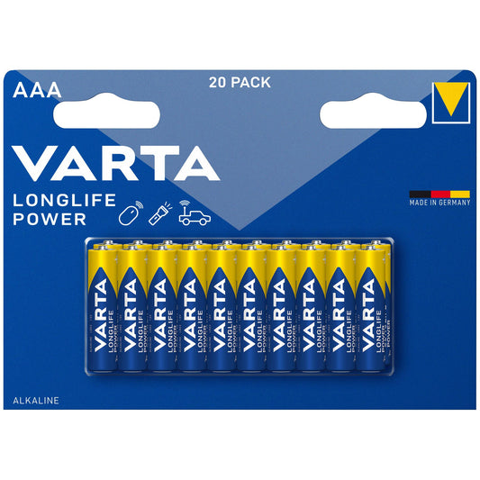 VARTA Batterie Alkaline Micro AAA LR03, 1.5V Longlife Power, Retail Blister (20-Pack)