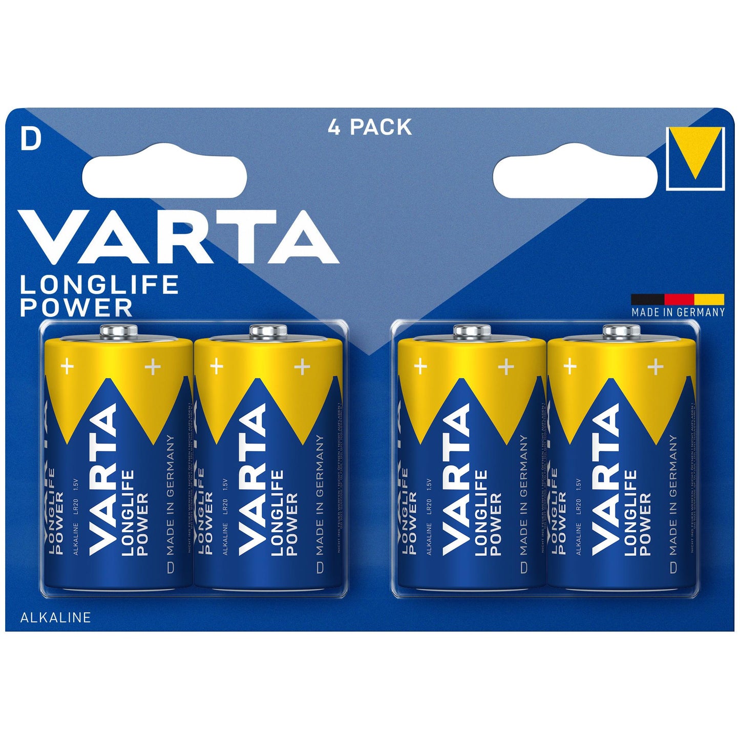 VARTA Batterie Alkaline Mono D LR20, 1.5V Longlife Power, Retail Blister (4-Pack)